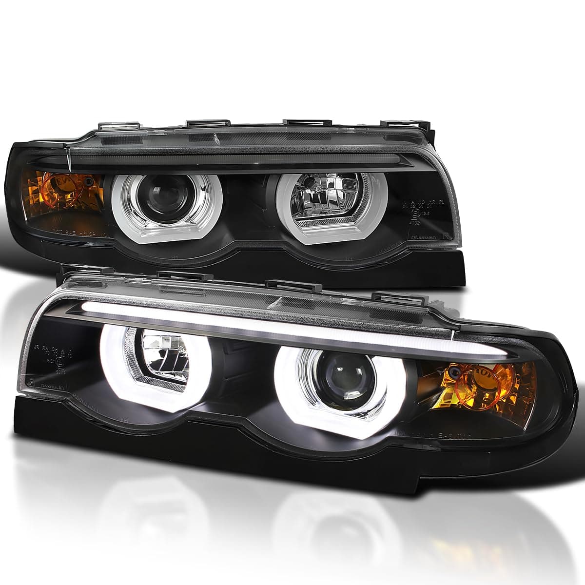 Black LED Dual Halo Projector Headlights Compatible with 1995-2001 BMW E38 7-Series, Left + Right Pair Headlamps Assembly