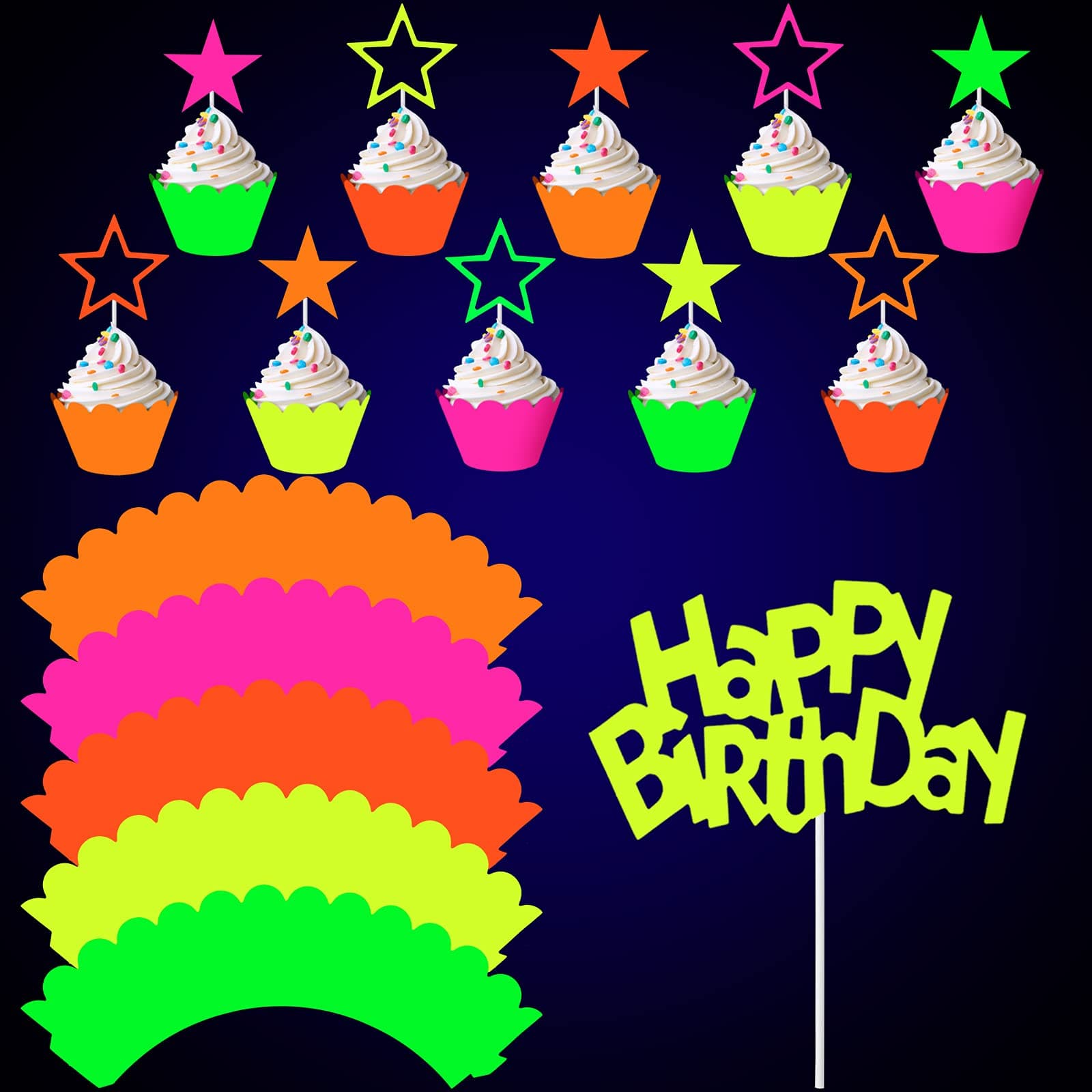 41 Pieces Glow Neon Birthday Party Decorations, Includes Yellow Happy Birthday Cake Topper Neon Cupcake Wrappers and Hollowed Out Star Cupcake Toppers for Wedding Black Light Reactive Party Decoration