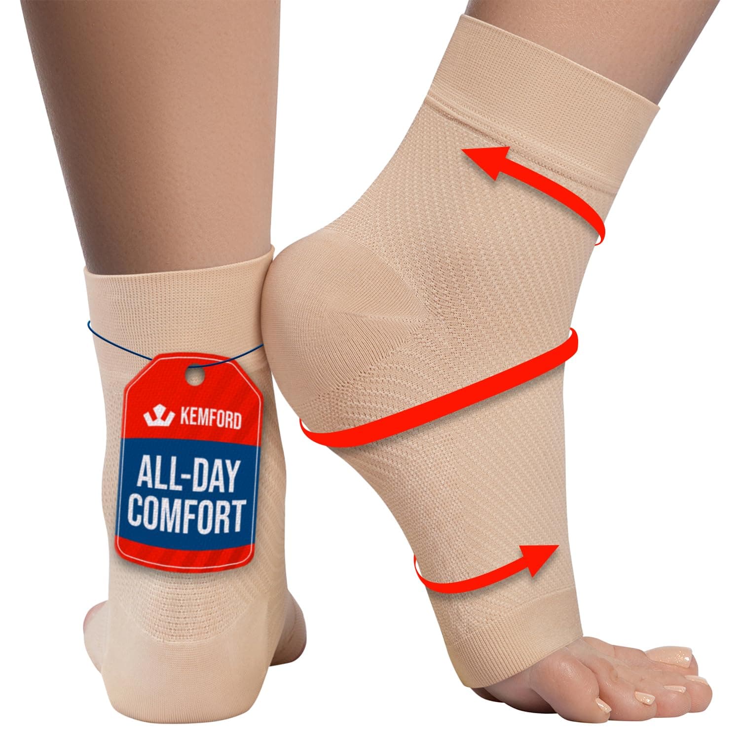 KEMFORD Ankle Compression Sleeve - Plantar Fasciitis Braces - Open Toe Compression Socks for Swelling, Sprain, Neuropathy, Foot Arch Support for Men and Women - 20-30mmhg, S, Beige