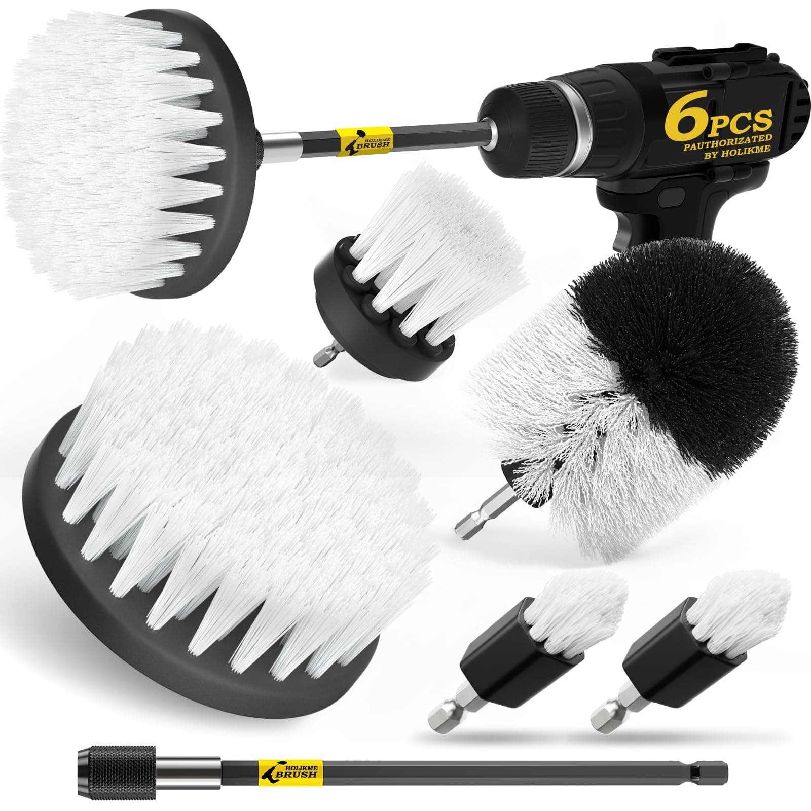 6Pack Drill Brush Power Scrubber Cleaning Brush Extended Long Attachment Set All Purpose Drill Scrub Brushes Kit for Grout, Floor, Tub, Shower, Tile, Bathroom and Kitchen Surface White