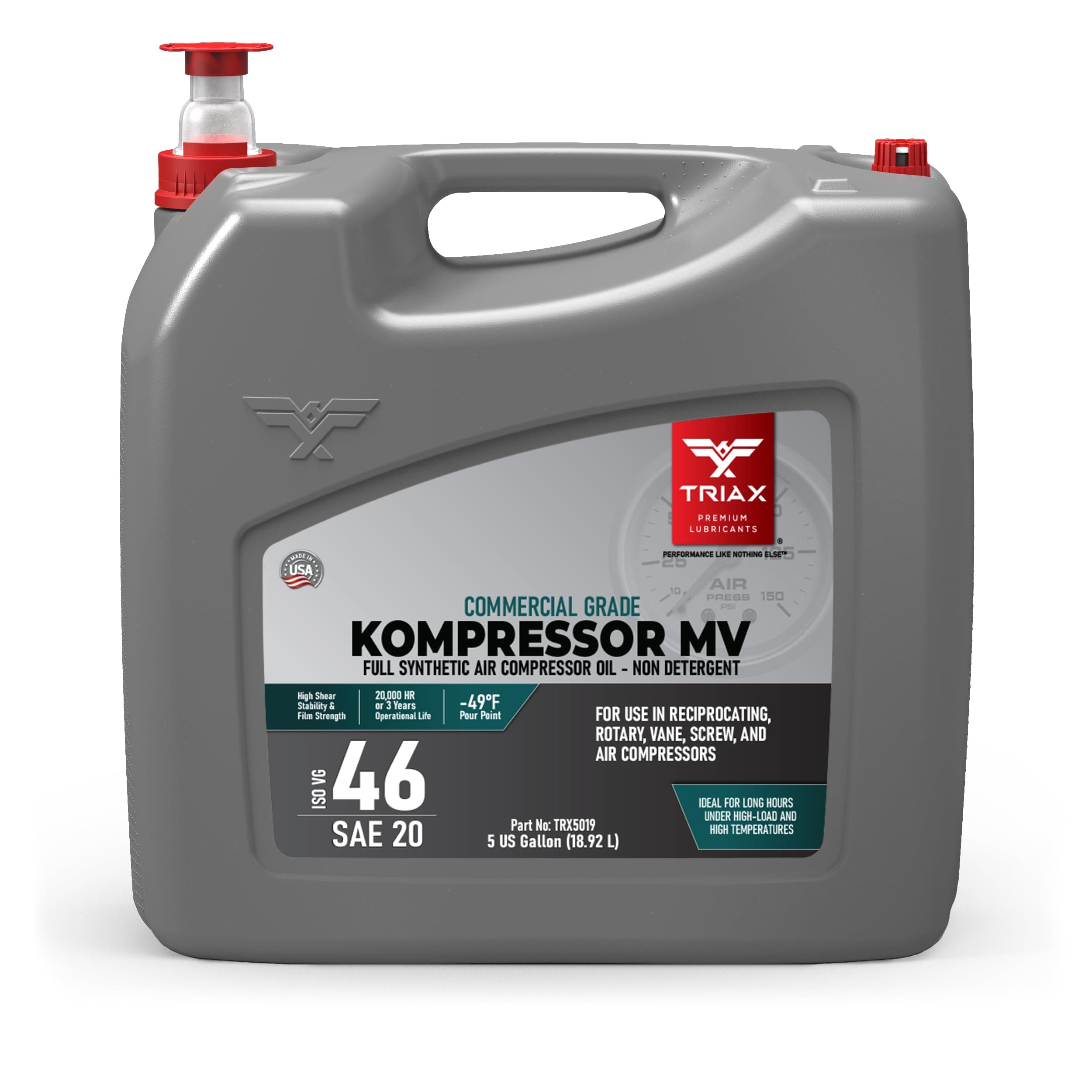 Kompressor ISO 46 SAE 20, Full Synthetic, Multi-Vis Air Compressor Oil | for Rotary, Vane, Screw, and Reciprocal | Commercial Grade | High Temp | Non-Detergent (5 Gallon)