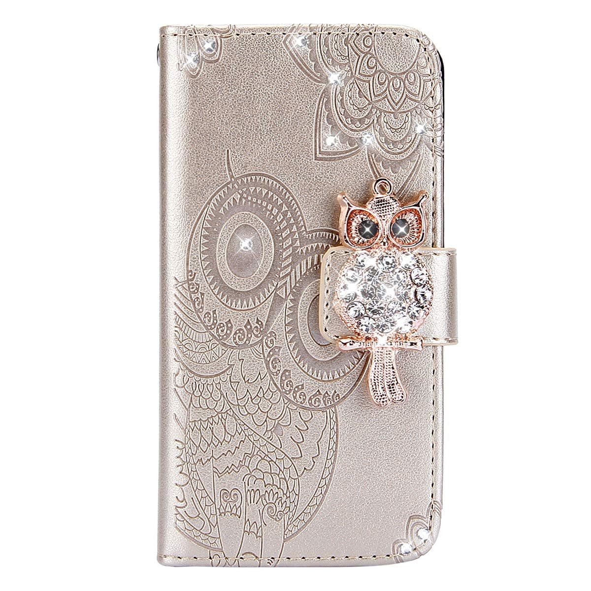 iPhone 5S Diamond Cover, iPhone SE Case Stand, Ekakashop Luxury Fashion Premium Glitter Sparkle Owl Diamond Rhinestone Wallet Bookstyle Flip Folio PU Leather Cover for Apple iPhone 5 5S SE , Gold