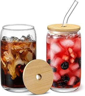 VITEVER 2 Pack Glass Cups with Bamboo Lids and Glass Straw - Beer Shaped 16 oz Iced Coffee Drinking Glasses, Cute Tumbler Cup for Smoothie, Boba Tea, Whiskey, Water