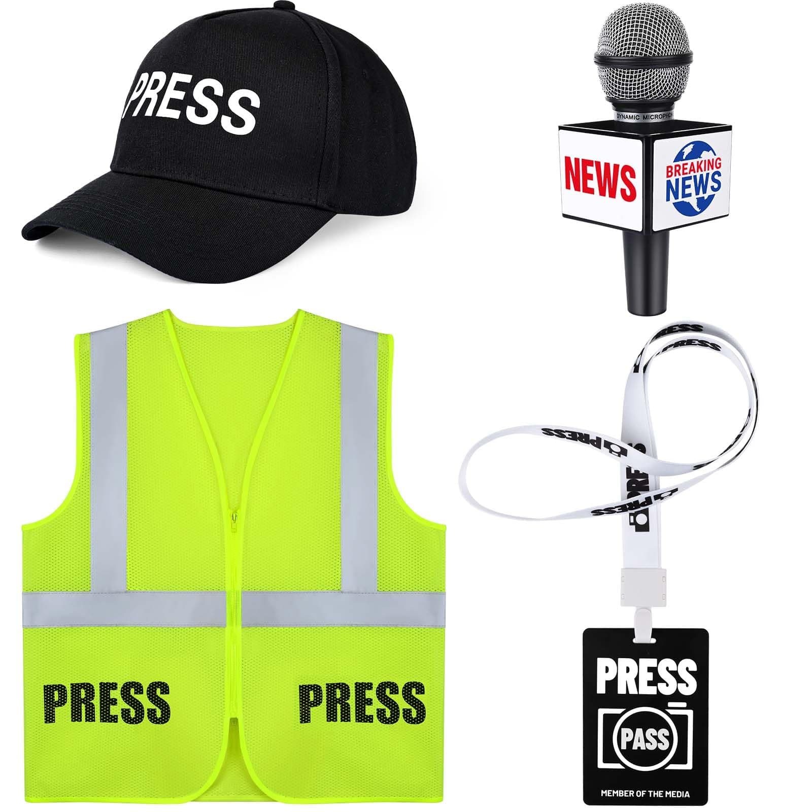 Kavoc Journalist Costume Accessories Set with Press Pass Microphone Prop News Reporter Hat for Halloween Dress Up