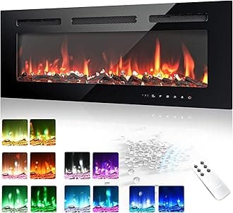 EUHOMY 36 Inch Electric Fireplace Wall Recessed and Wall Mounted with Adjustable Flame Color, Fireplace Heater with Remote Control, Linear Fireplace with Timer, Touch Screen, Log & Crystal, 750/1500W