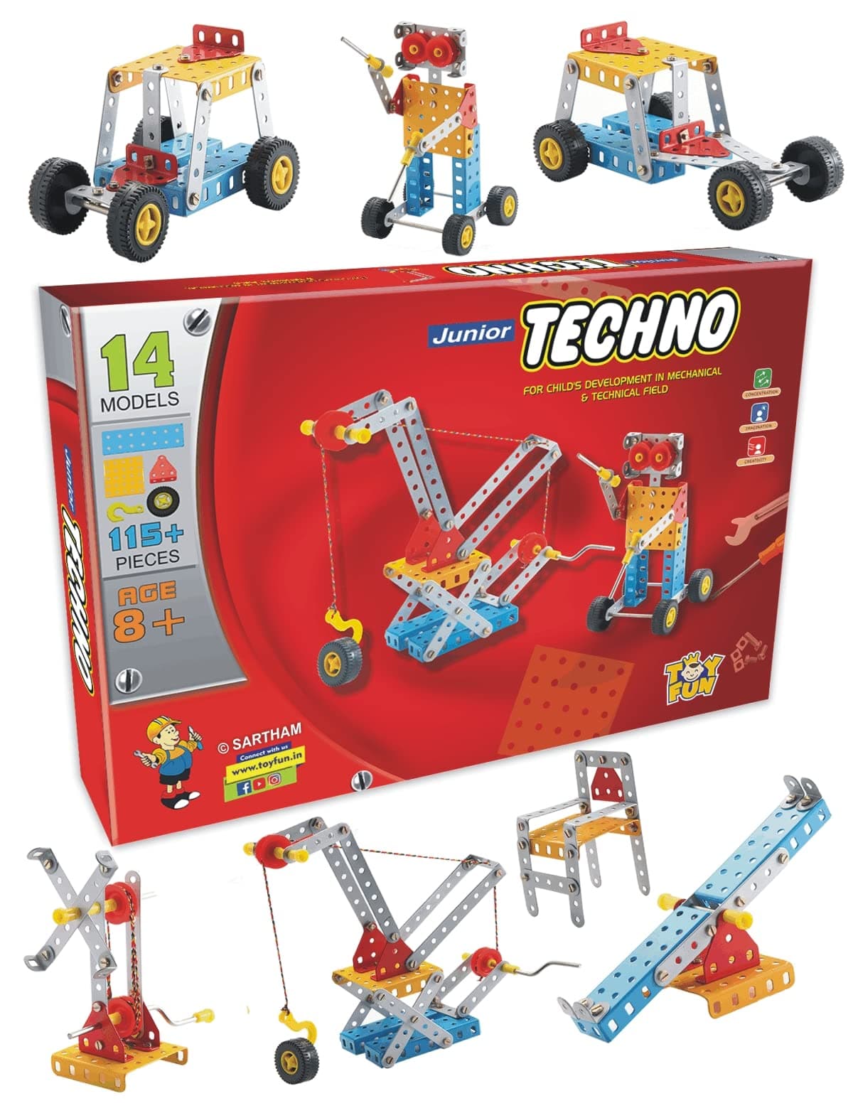 SARTHAM Junior Techno, 8 to 12 Years, DIY Educational kit, Engineering Tool kit Toy, 1 Set STEM Learning Metal Toy, Gift for 8+ Year Old boy and Girl, 115+ Pieces Puzzle and 14 Models | Multicolor