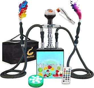 Hookah Set with Everything - ASANMA Upgrade Cube Modern Shisha With 2 Silk Hoses Brush Charcoal Holder Silicone Bowl Coal Tongs Remote LED Light for Smooth Smoking | Large Opening for Easy Cleaning