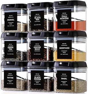 Spice Containers Set: 9 Pcs Large Square Plastic Tea Storage Containers with 148 Spice Labels and 9 Spoons, Airtight, BPA Free, 16 oz