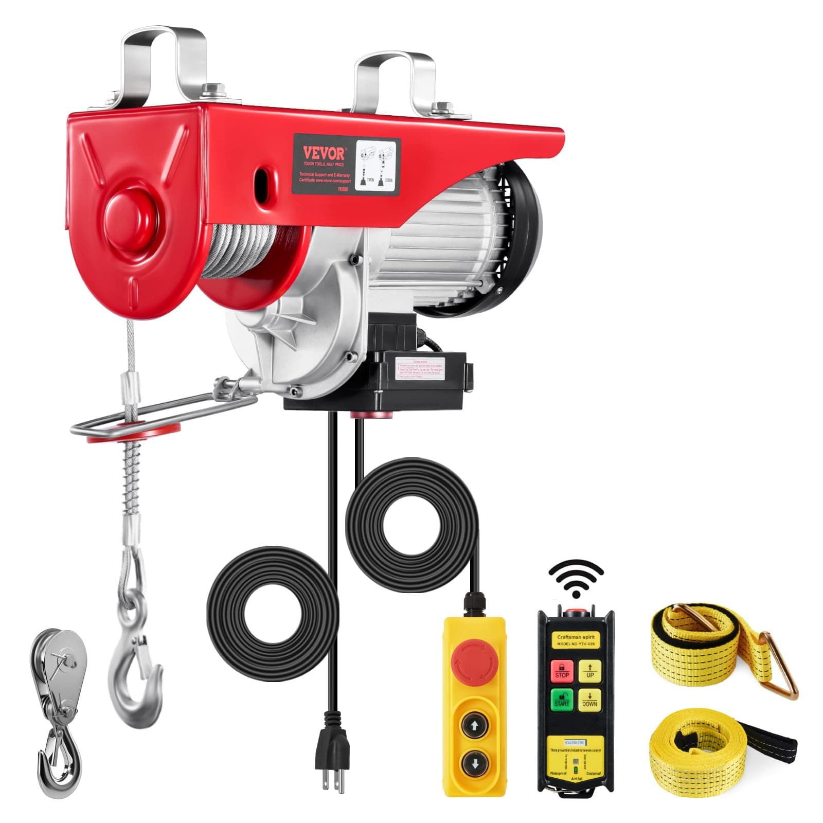 VEVOR - 200lb 120V Electric Hoist with 330ft Wireless Remote Control and 15ft Cord, 40ft Single Cord Lift Height, Single/Double Slings, Lift