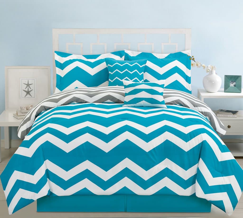 KingLinen 6 Piece Queen Chevron Teal Comforter Set