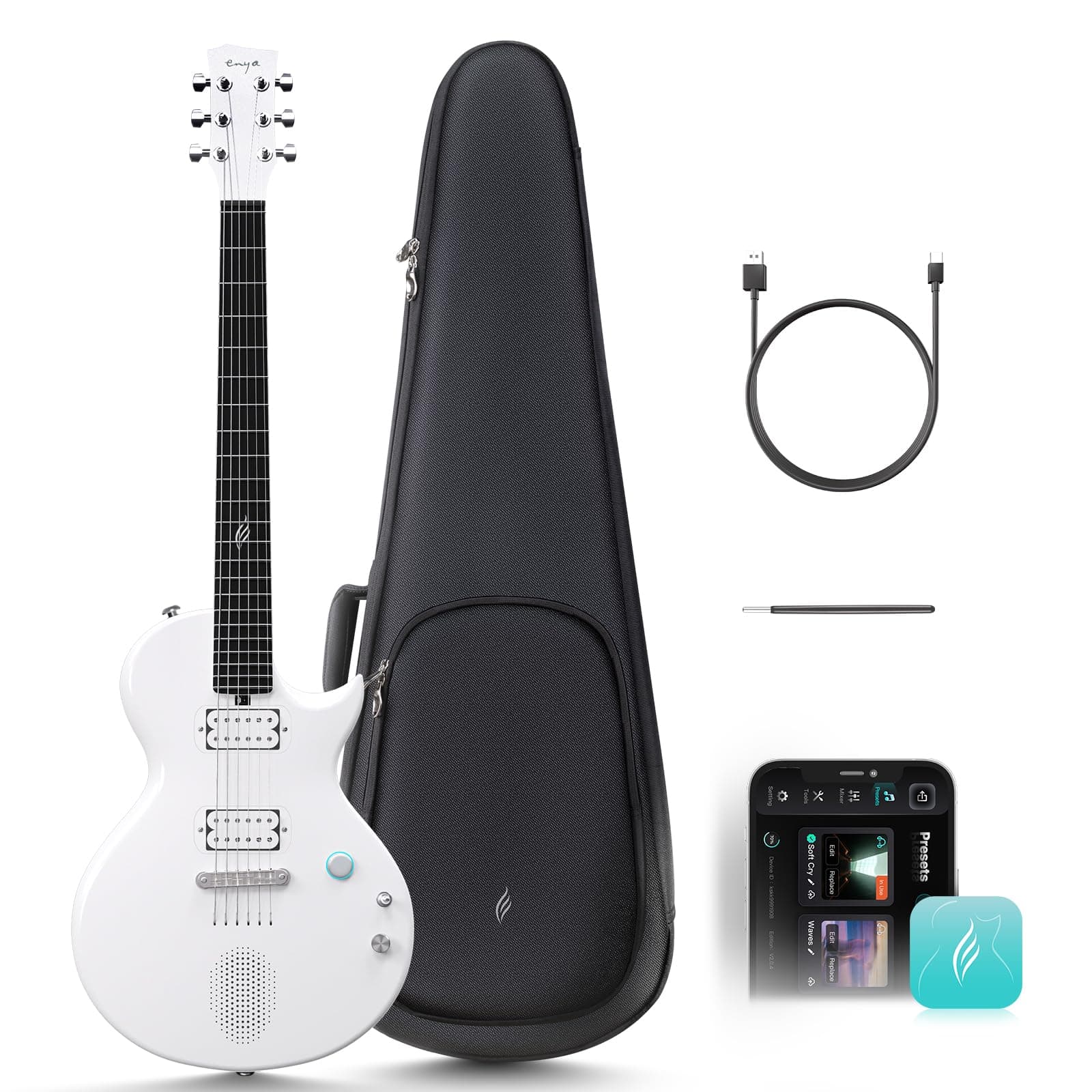 Enya Electric Guitar Nova Go Sonic 38 Inch Full Size Smart Electric Carbon Fiber Guitarra with 10W Wireless Speaker, Onboard Presets, Gig Bag, Charging Cable, and Adjusting Wrench(White)