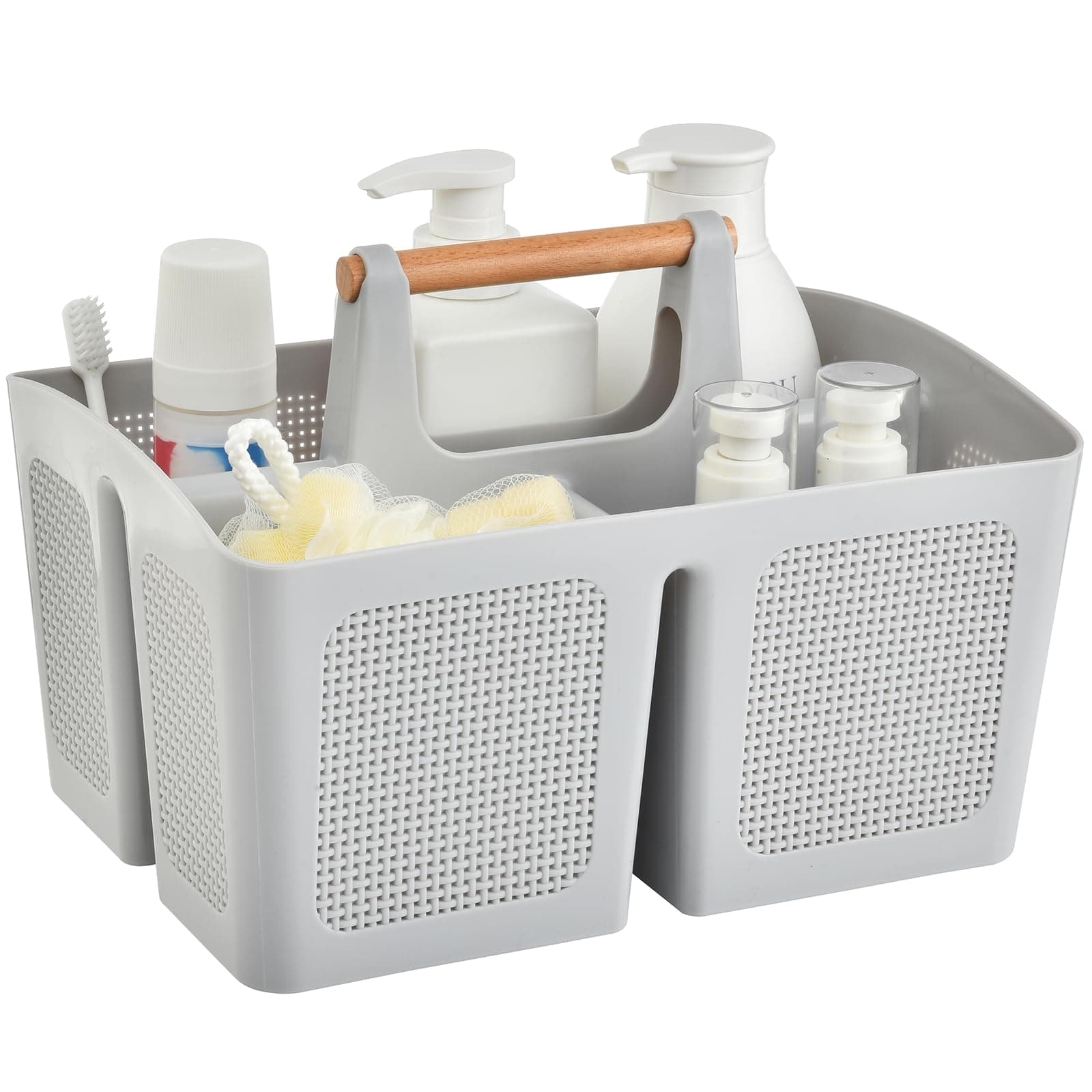 ALINK Portable Shower Caddy Basket with Compartments, Plastic Divided Cleaning Caddy Organizer Storage Tote with Handle for Bathroom, College, Dorm Room Essentials, Light Gray
