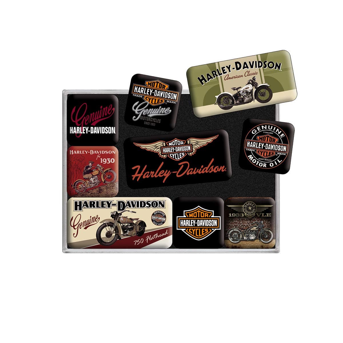 Retro-Style Fridge Magnets, Harley-Davidson Bikes – Gift for motorcycle fans, Magnet set for notice board, vintage design, 9 pieces
