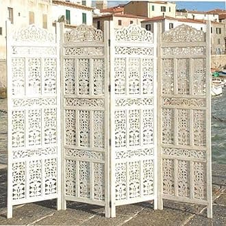 Foldable Wooden Room Divider Partition – Stylish Privacy Screen for Home, Office, Studio, Salon - Kangra Badrun, White (4 Panel)