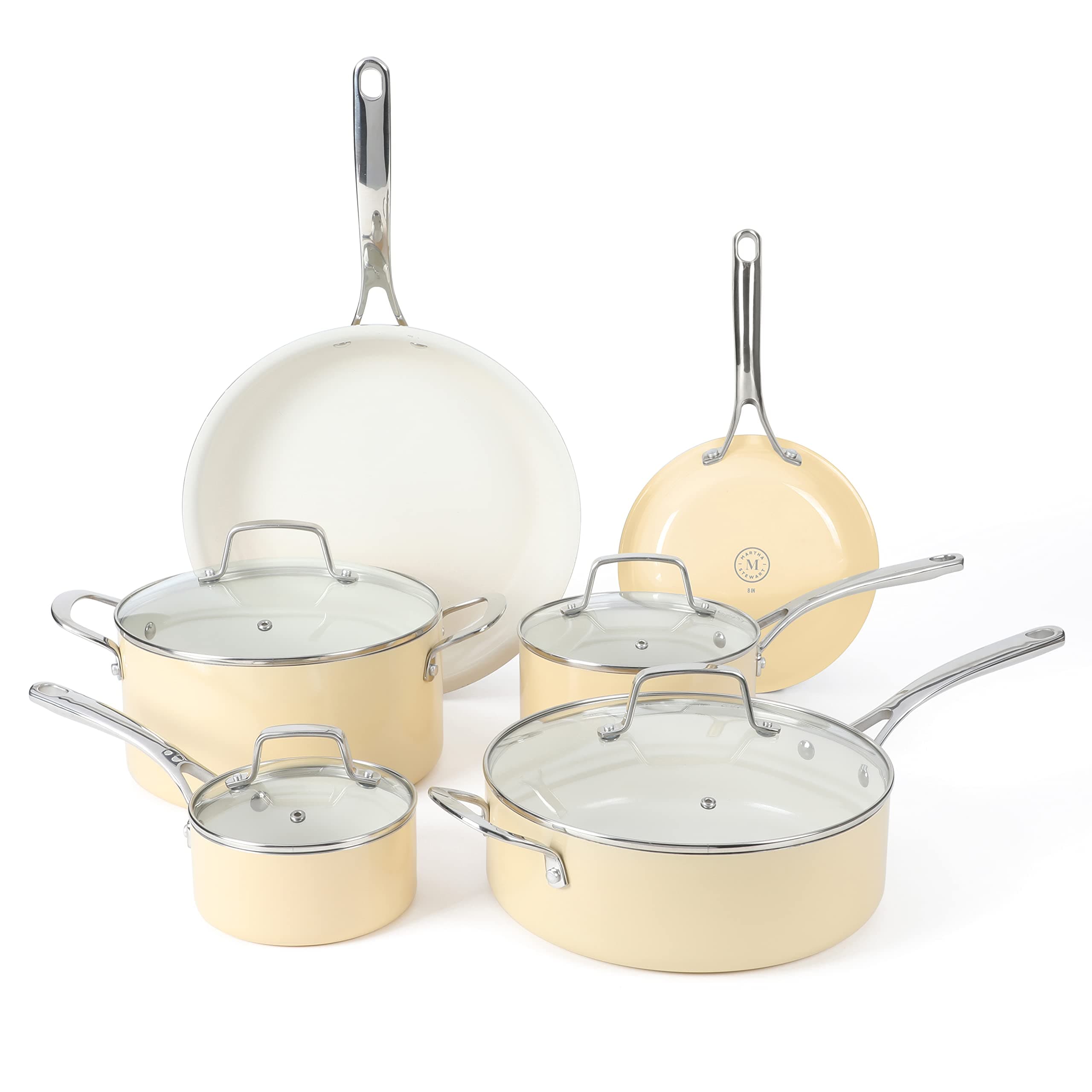 Lockton Nonstick Ceramic Interior 10 Piece Enamel Aluminum Cookware Set - Butter Cream