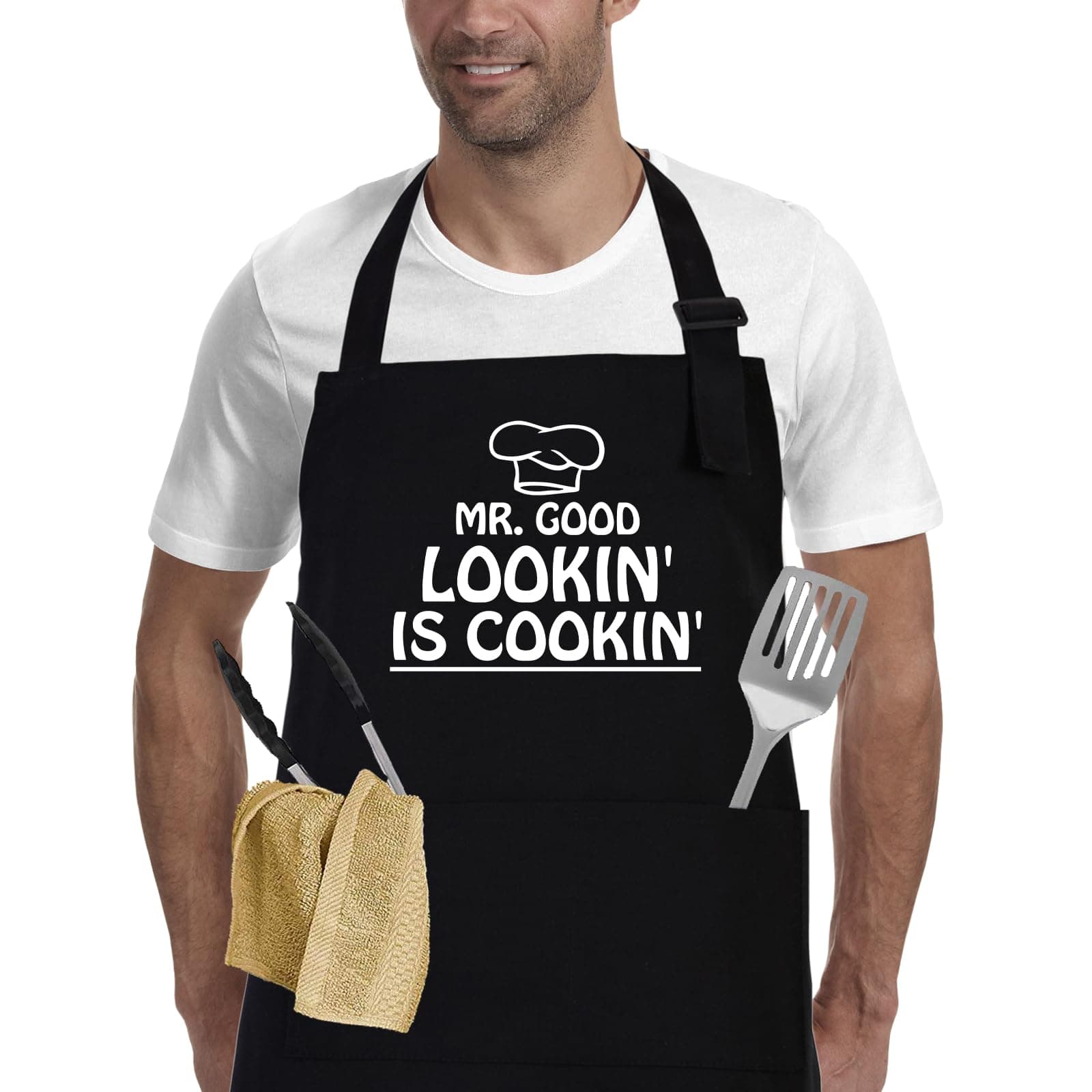 Kitchen Cooking BBQ Aprons for Men with Pockets, Adjustable Chef Apron, Funny Gifts for Men, Dad, Husband, Grandad Birthday Gifts