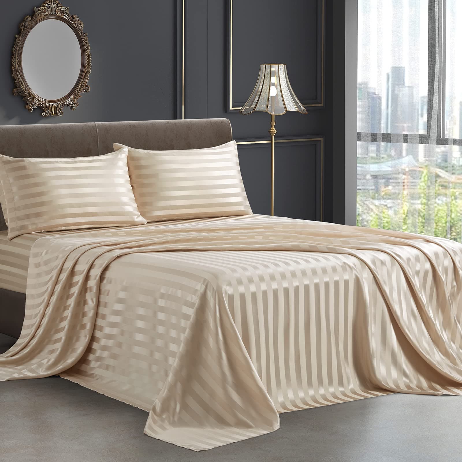 SiinvdaBZX 4Pcs Satin Sheets Stripe Printed Sheets, Italian Style Silky Soft Beige Satin Queen Bed Sheets with Deep Pocket, 1 Fitted Sheet, 1 Flat Sheet, 2 Envelope Closure Pillowcases