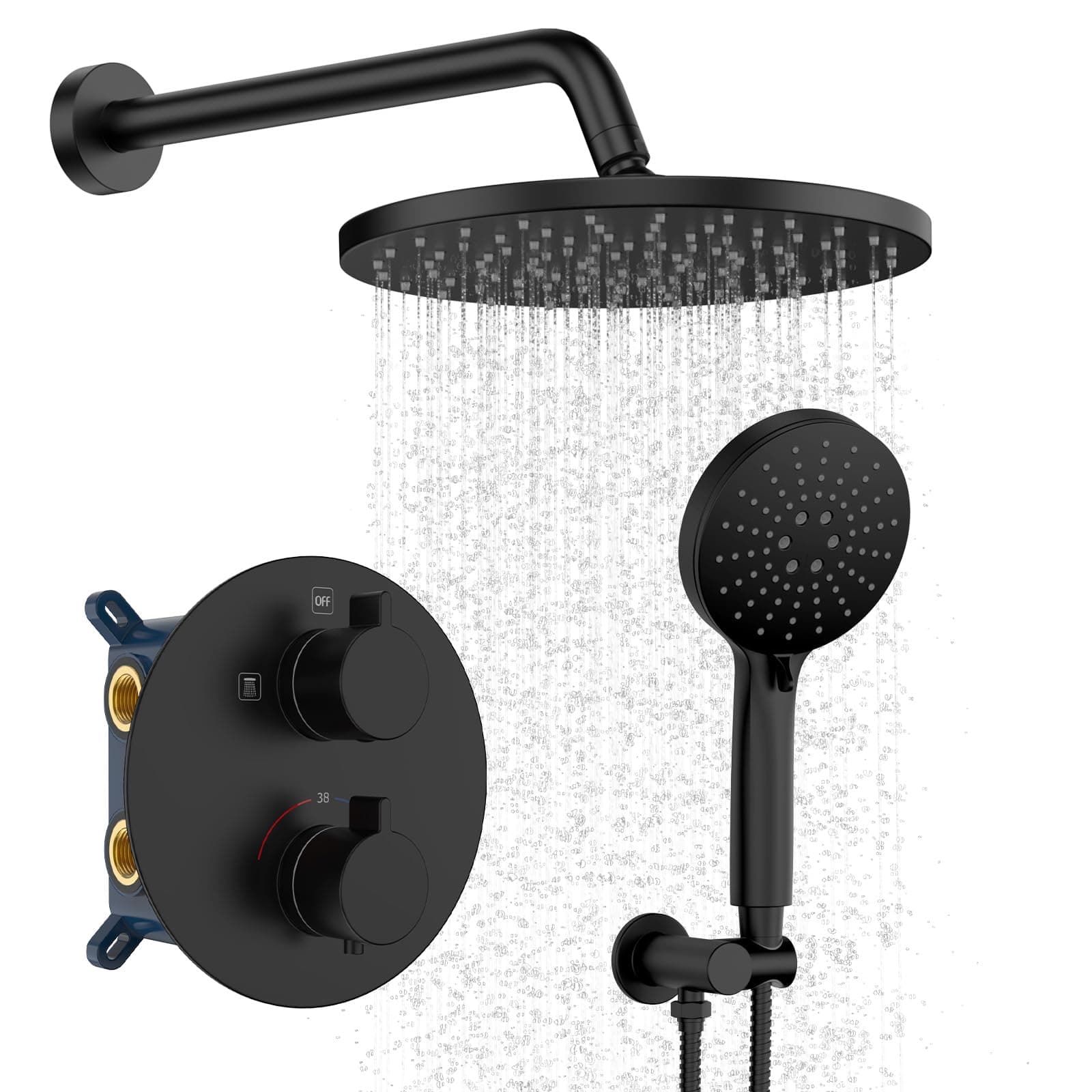 Iriber Thermostatic Shower System Wall Mount with 10 Inch Roud Rainfall Shower Head and Handheld,Shower Faucet Mixer Trim Kit (Valve Included),Matte Black