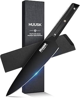 Huusk Japan Knife, AUS 8 Stainless Steel Japanese Chef Knife 8" Black Titanium Coated Blade Ergonomic G10 Handle with Sheath, Cool Gyuto Knife