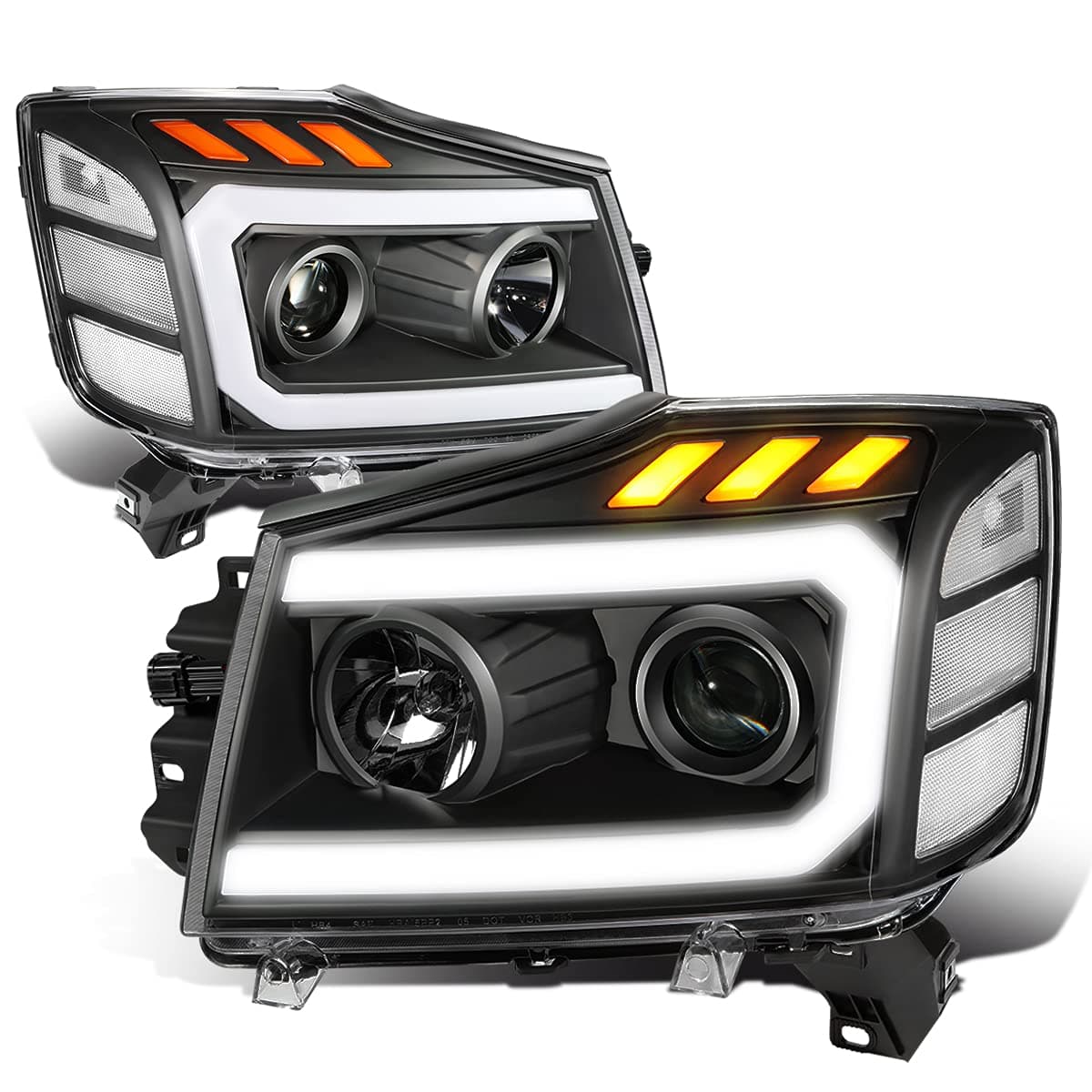 Auto Dynasty LED DRL Headlights Assembly Compatible with 2004-2015 Nissan Titan Armada, Driver and Passenger Side 3D DRL Headlamps w/LED Turn Signal, Projector Low Beam, Black Housing Clear Corner