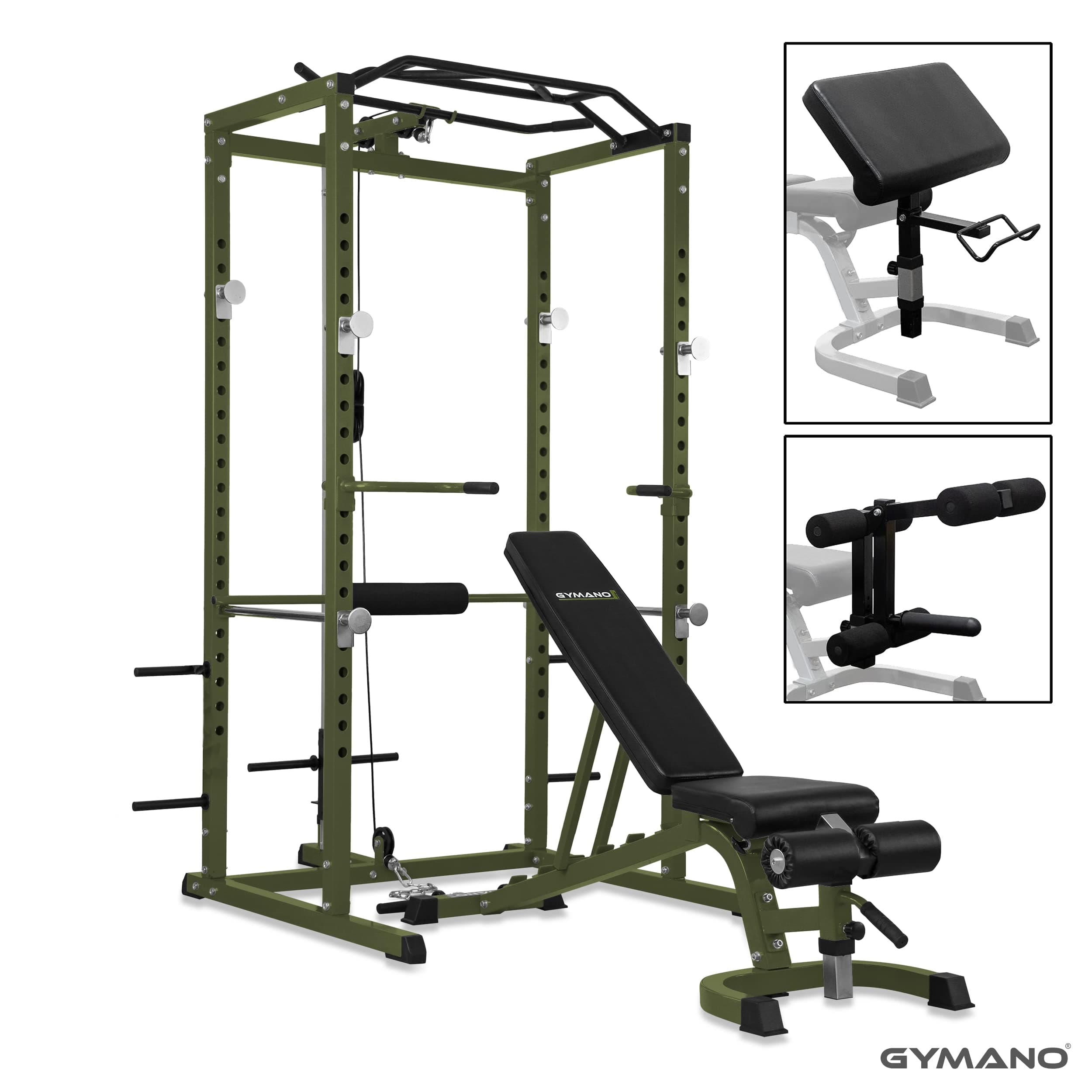 GYMANO® ULTIMATE POWER RACK™ & SUPER 7000™ BENCH | SQUAT CAGE with LAT PULL DOWN & BENCH PACKAGE