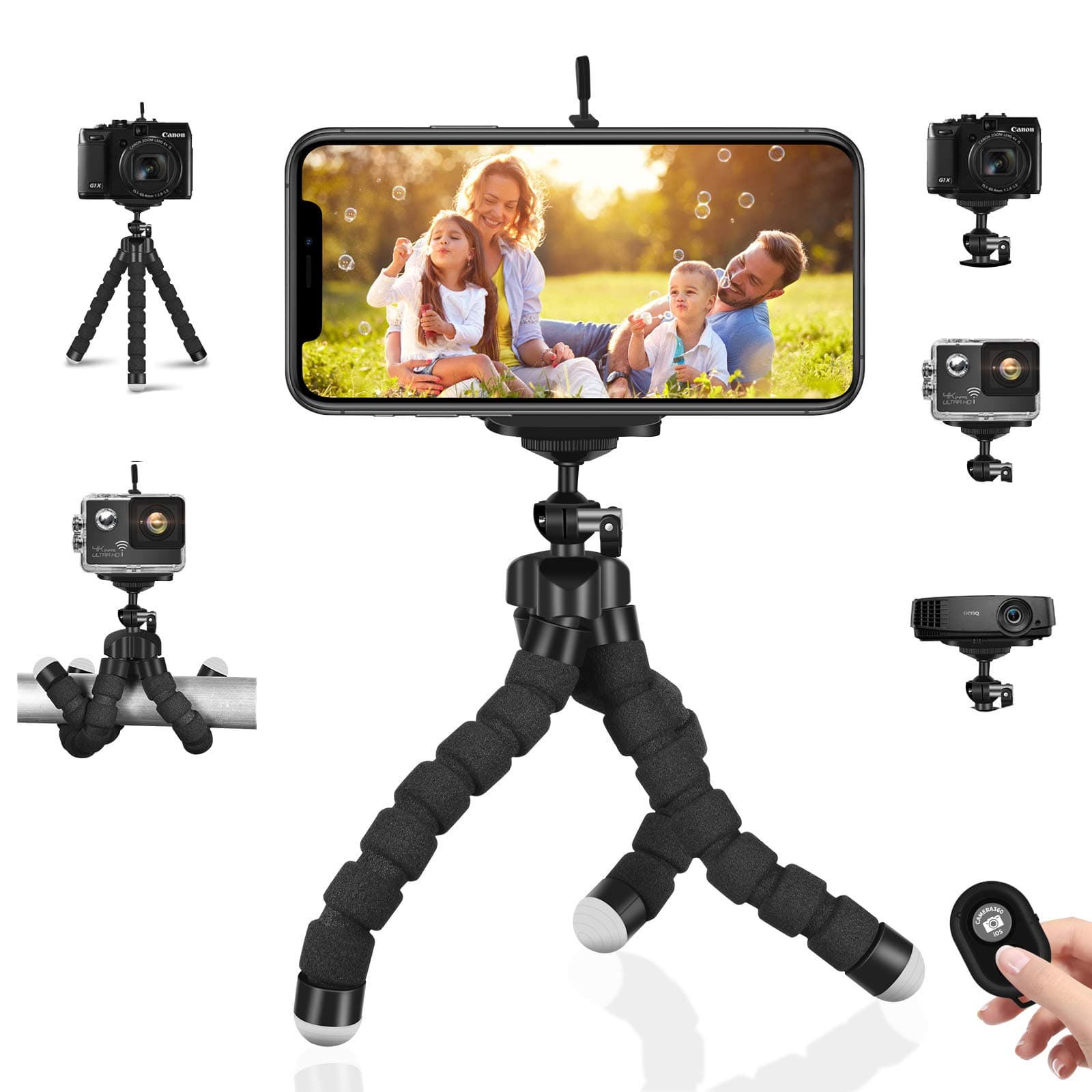 Mobile Phone Tripod Flexible Camera Tripods Mini Portable Lightweight Stand Holder + Remote & Phone Clip for iPhone,Android Samsung,Sports Camera GoPro