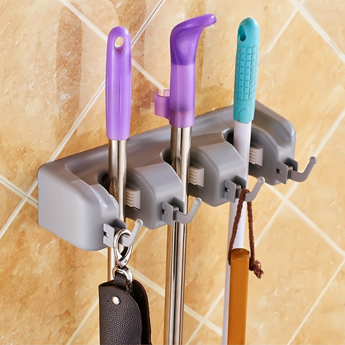 Mop and Broom Holder Cooper GTV Garage Storage Rack Hooks Wall Mounted Organizer for Home Garden Tool Shelving (3 position 4 hooks)