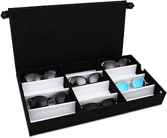 Ikee Design Large 12 Compartment Sunglass Organizer Tray Holder Eyewear Shades Case Organizer Box for Eyeglasses, Sunglasses, Watches, Jewelry with Cover Lid, 19 W x 10 D x 2 1/4 H in