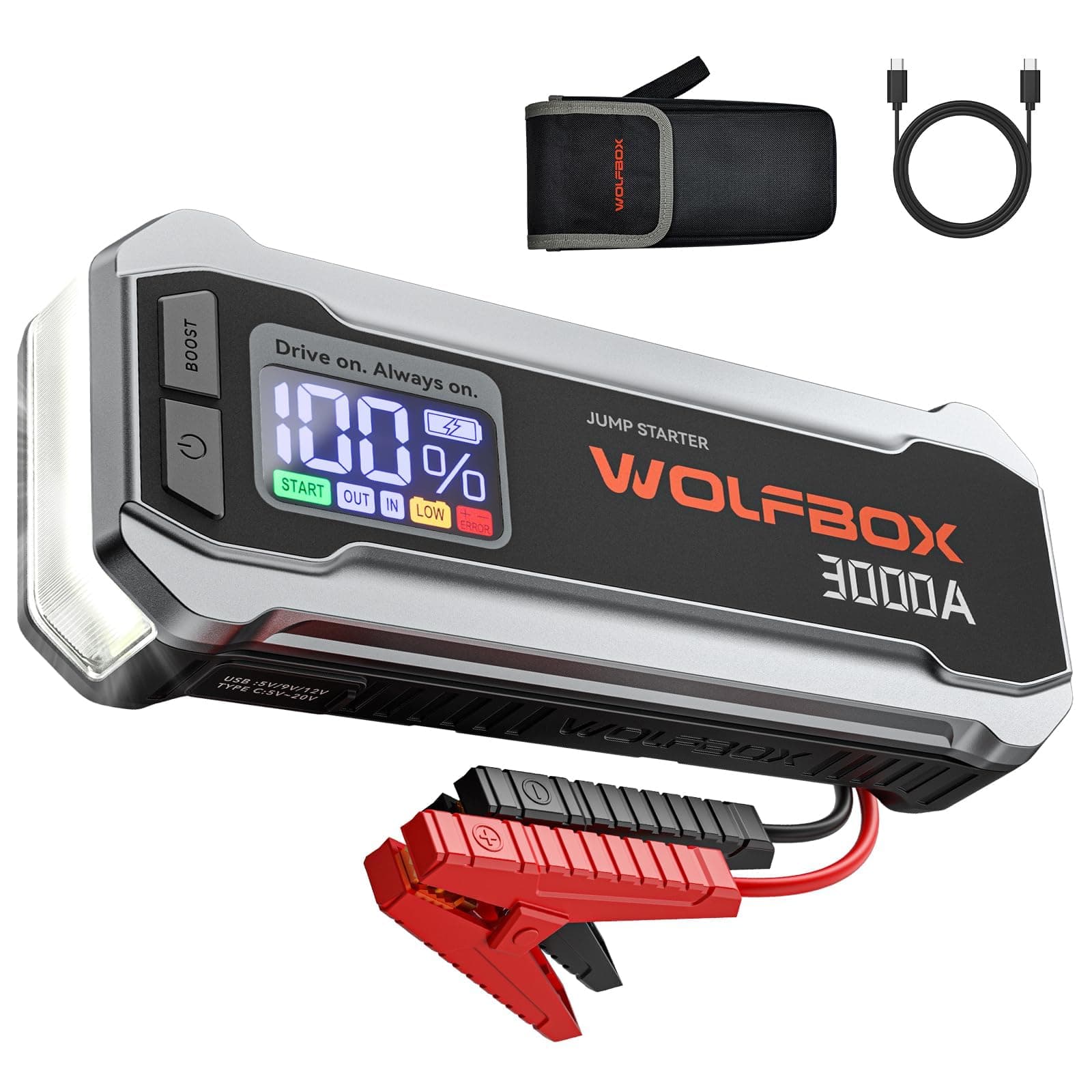 WOLFBOX Jump Starter Power Pack, 3000A Car Battery Booster for 12V Vehicle with 65W Quick Charge, Car Jump Starter Power Bank for 8L Gas 6L Diesel Engine with LED Light, Jumper Cables