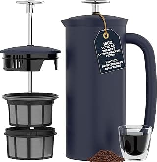 P7 French Press Stainless Steel 304 – Patented Double Walled Micro-Filter Insulated French Press Coffee Maker, Grit-Free Brew - Heat Resistant BPA Free - Agean Blue (18oz)