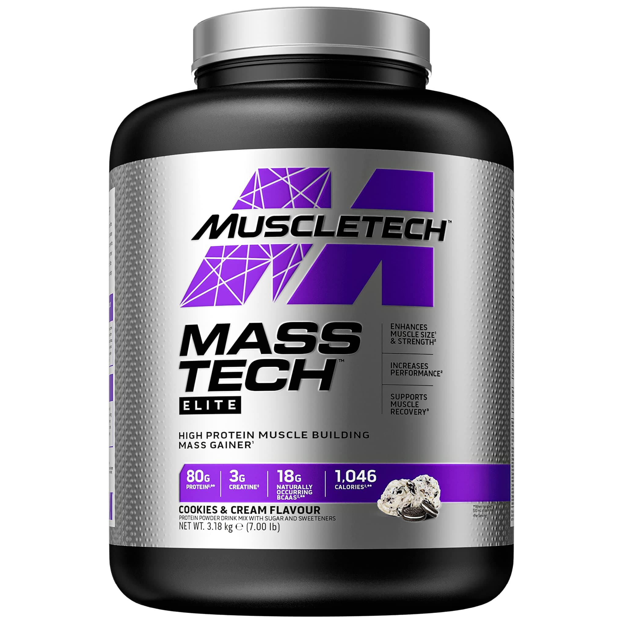 MuscleTech MassTech Elite Protein Powder, Weight & Muscle Mass Gainer, Whey Isolate Mass Protein Powder With 3g Creatine, 80g Protein, 18g BCAA, 14 Servings, 3.2kg, Cookies & Cream