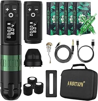 Ambition Soldier Wireless Tattoo Machine Kit Complete Rotary Coreless Motor Tattoo Pen Kit with Extra 2400mAh Battery 80pcs TREX Mixed Size Cartridge Needles Supply for Professional Tattoo Artist