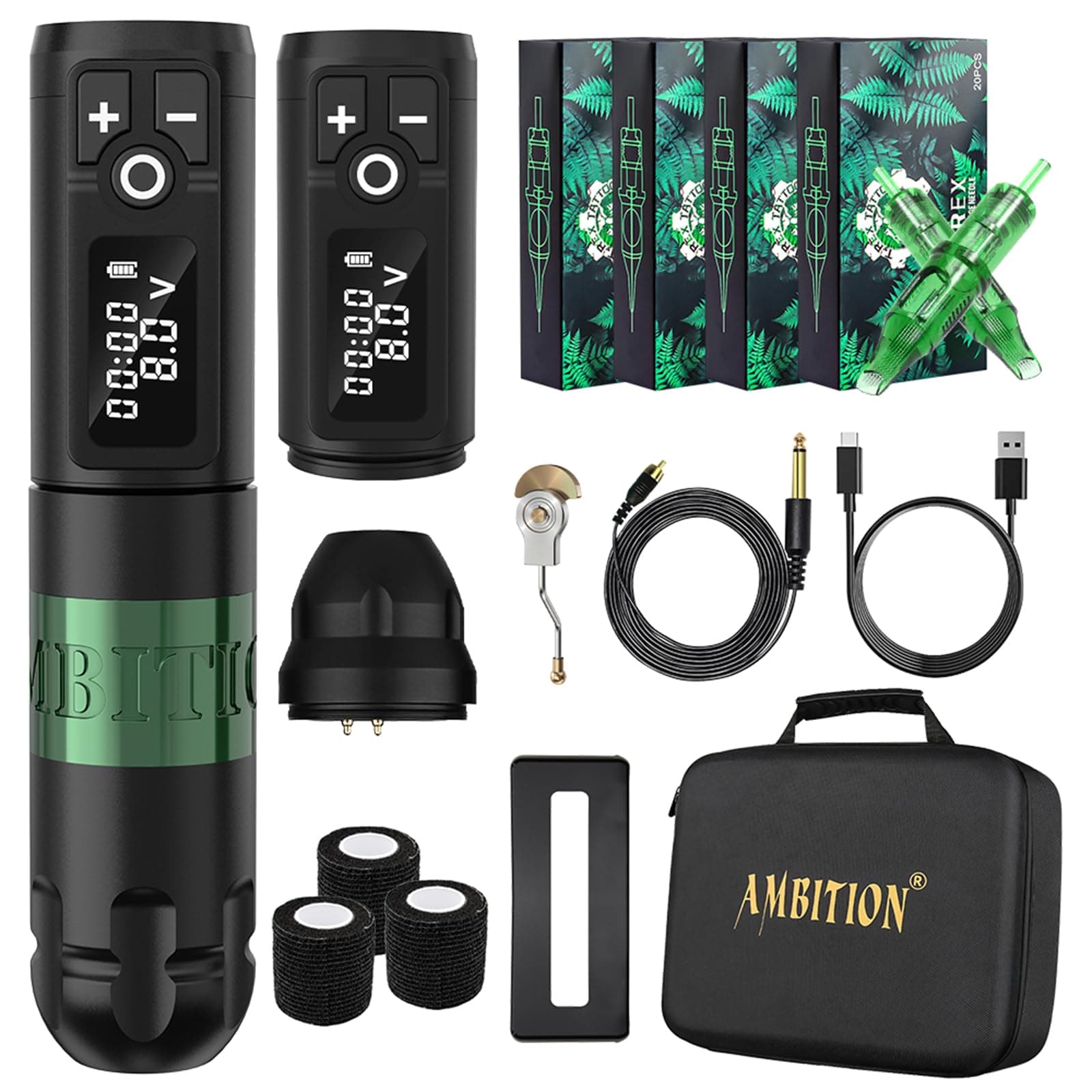 Ambition Soldier Wireless Tattoo Machine Kit Complete Rotary Coreless Motor Tattoo Pen Kit with Extra 2400mAh Battery 80pcs TREX Mixed Size Cartridge Needles Supply for Professional Tattoo Artist