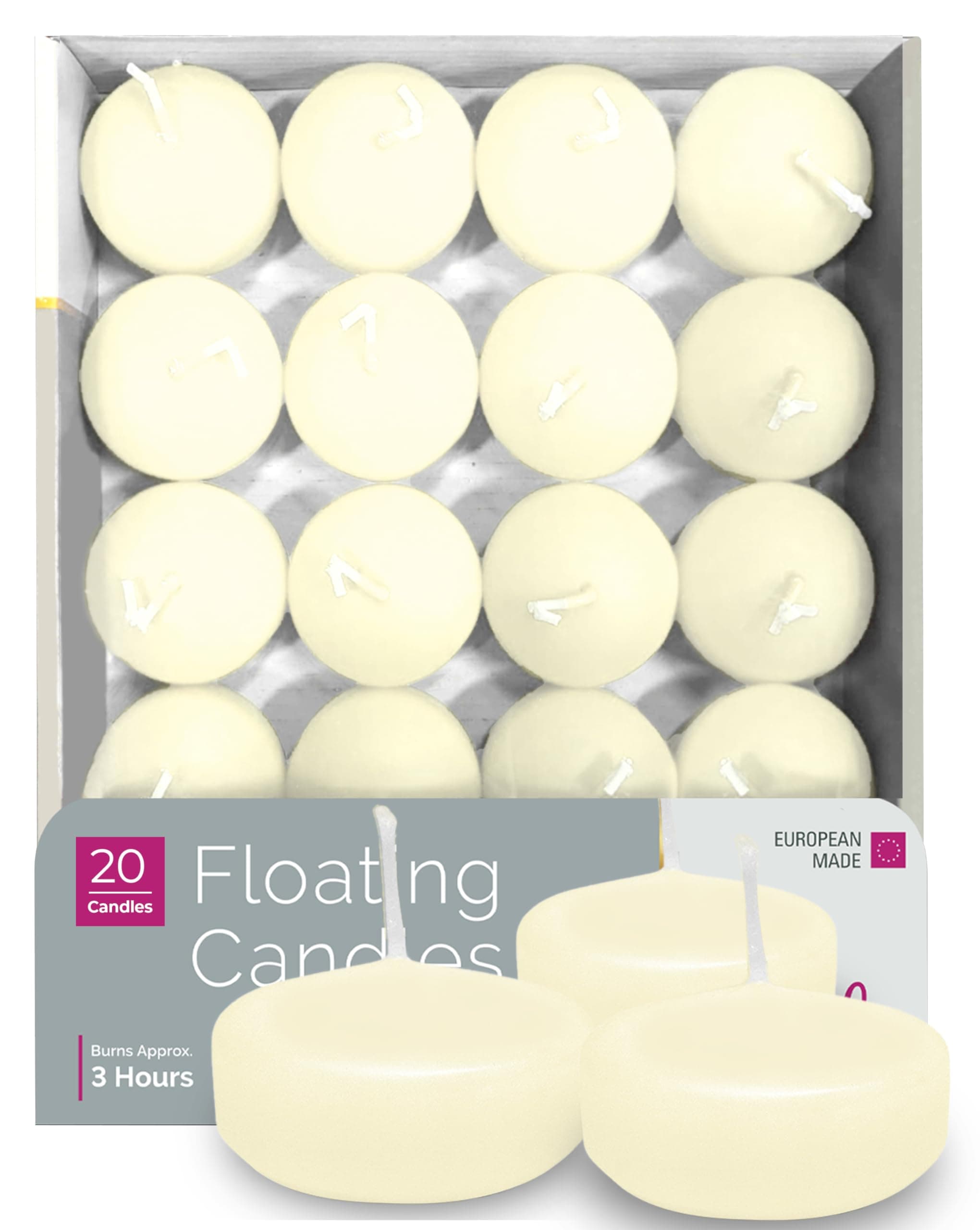 Premium Ivory Floating Candles 1.75 Inch - 3 Hour - 20 Pack - European Made