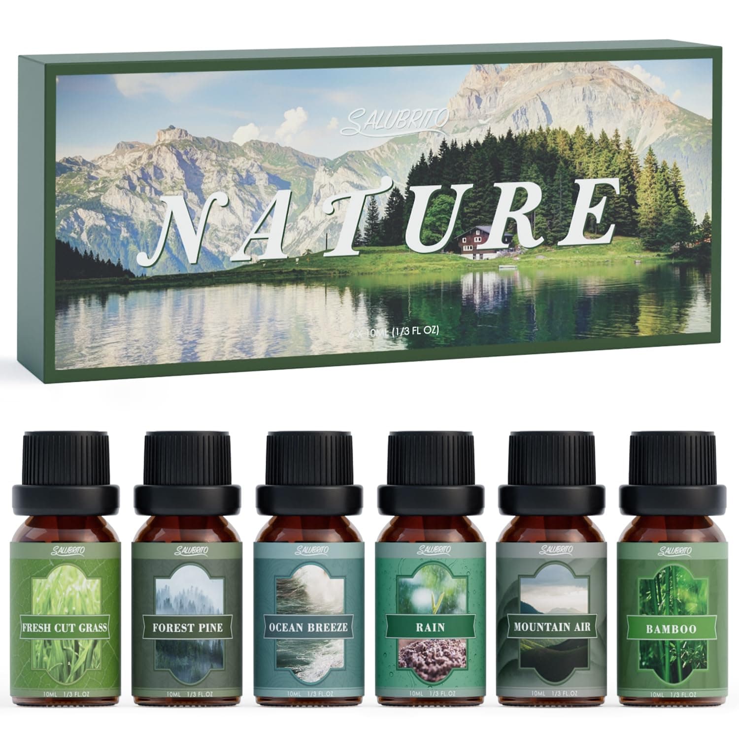 SALUBRITO Nature Essential Oils Set, Premium Fragrance Oils for Diffuser, Scented Oils for Soap & Candle Making - Forest Pine, Ocean Breeze, Rain, Fresh Cut Grass, Mountain Air, Bamboo