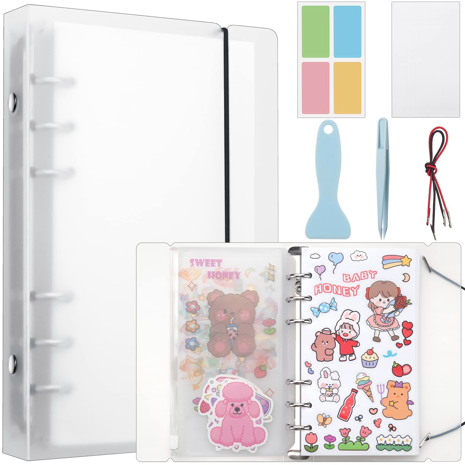 Reusable Sticker Album with Pockets, 100 Sheets, Blank Sticker Book with Tweezer and Spatula (A6)