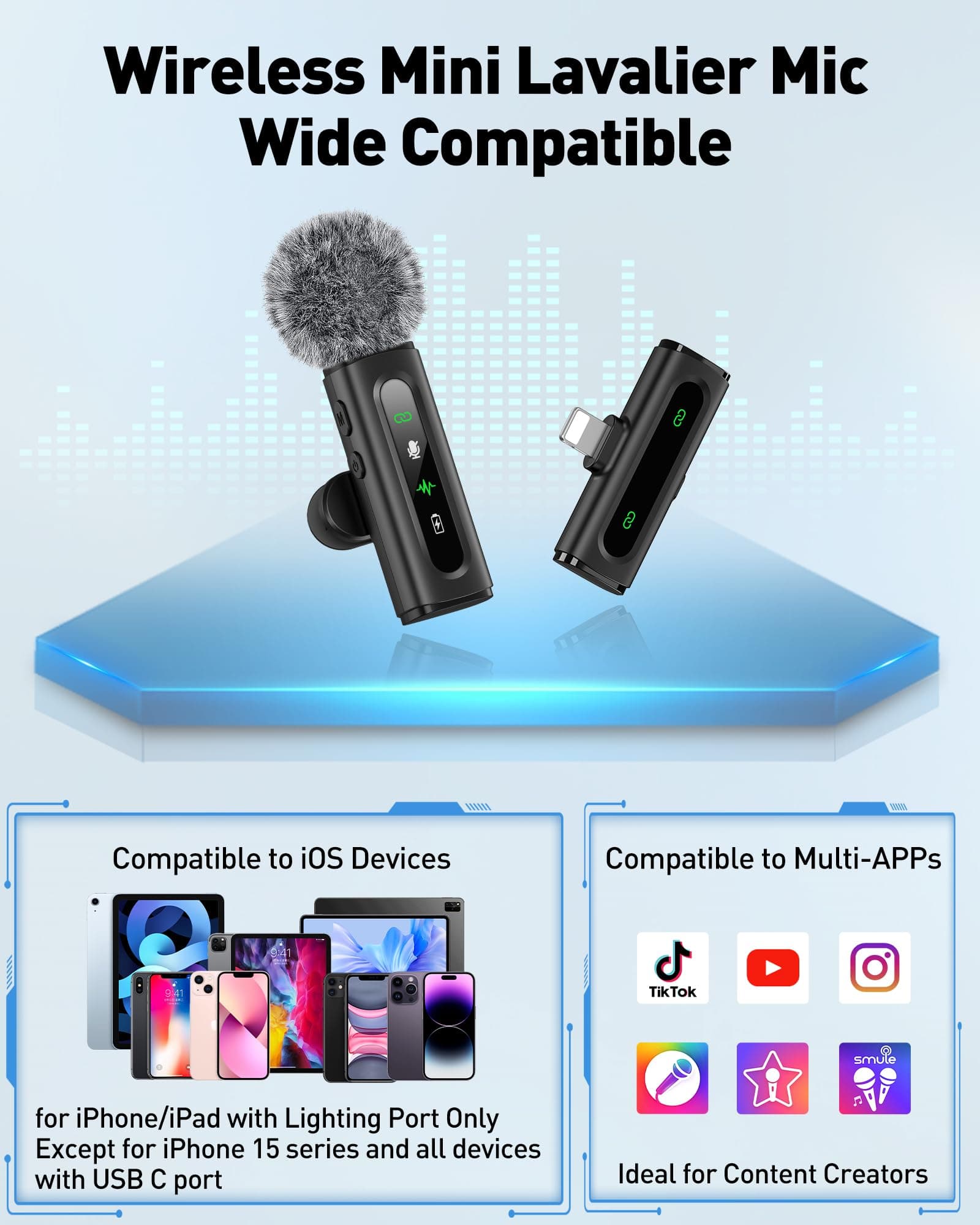 Wireless Lavalier Microphone for iPhone Recording Clip-on Mini Mic for iPhone/for iPad Video Recording with Rotatable Clip&Denoise Recording, Portable Mic Set for Content Creators