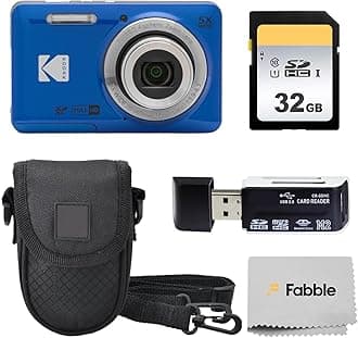 KODAK PIXPRO FZ55 16MP Digital Point & Shoot Camera, 5X Optical Zoom, 28mm Wide Angle, 1080P Full HD Video, Bundle with 32GB SD Card, Protective Case, and Hi-Speed Card Reader (Blue)