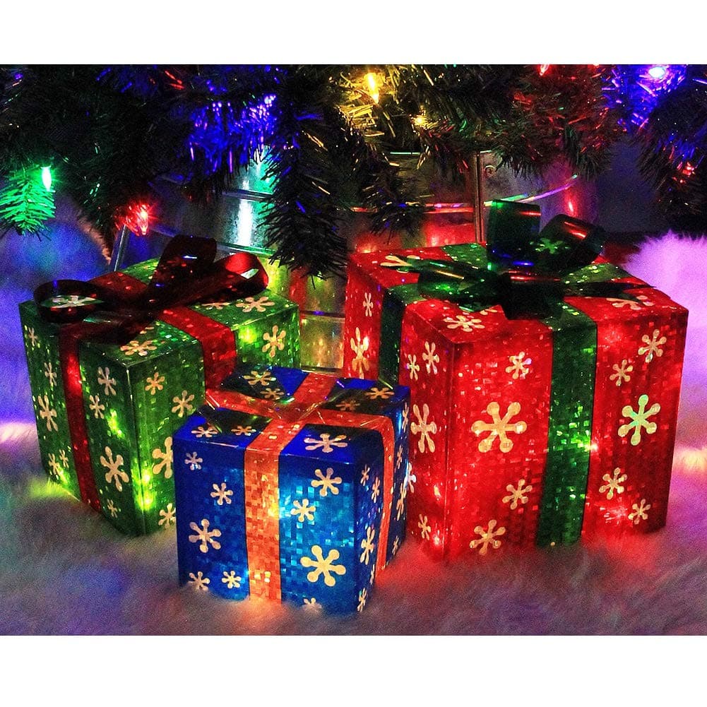 ATDAWN Set of 3 Lighted Gift Boxes Christmas Decorations, Red Green and Blue Present Boxes, Christmas Home Gift Box Décor