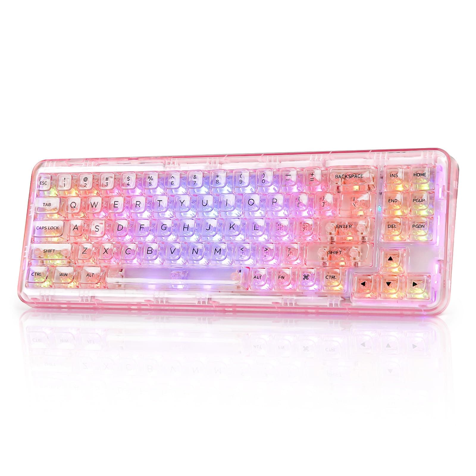 X71 Transparent Mechanical Keyboard with Clear Keycaps, BT5.0/2.4G/USB-C Gaming Keyboard 68% Layout 71 Keys,Gasket Mount Wireless RGB Gaming Keyboard for Win/Mac(Crystal Ice Switch,Pink)