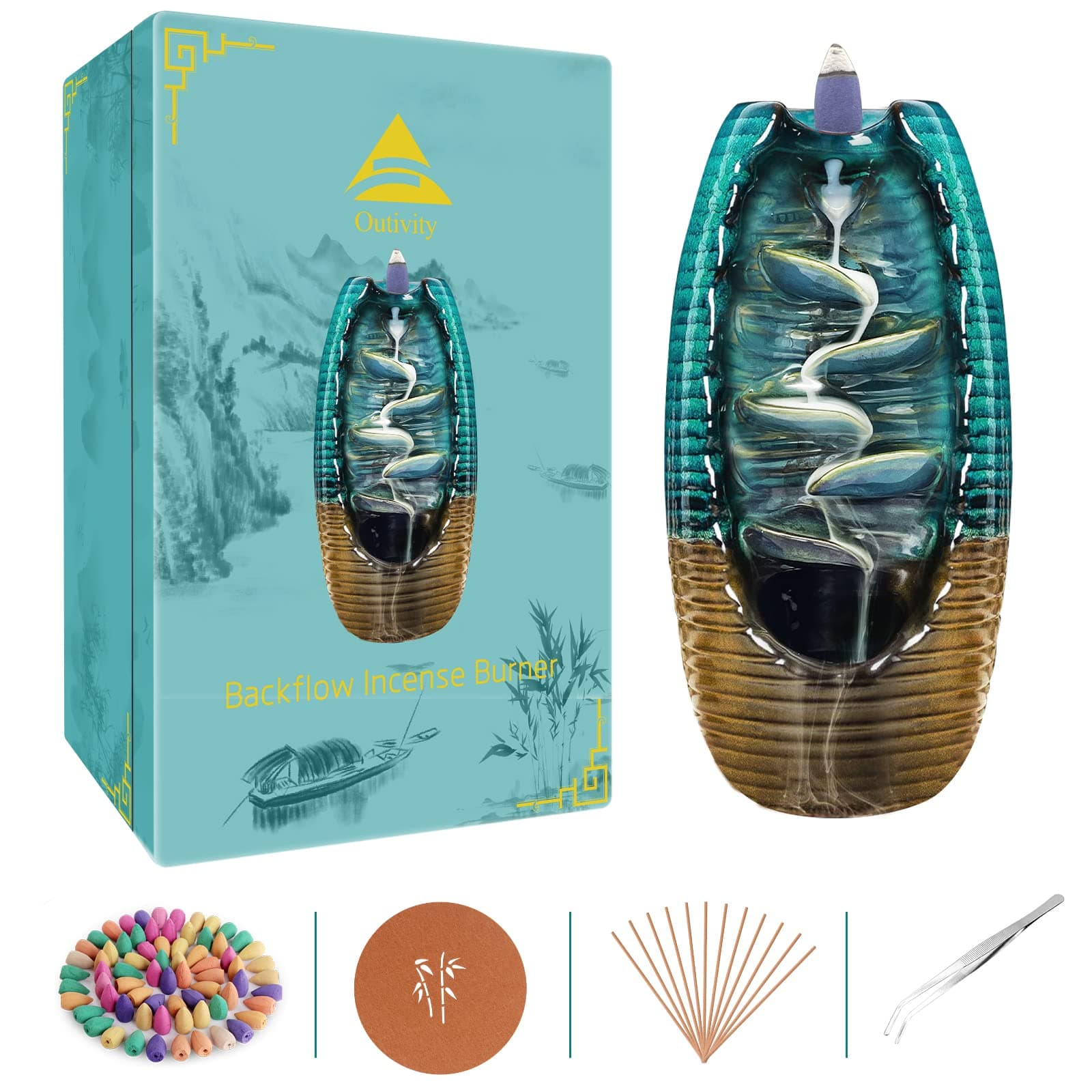 Incense Waterfall Burner, Backflow Incense Burner, Waterfall Incense Burner with 120 PCS Incense Cones + 30 Incense Sticks + Accessories + Exquisite Box (2021 Latest)
