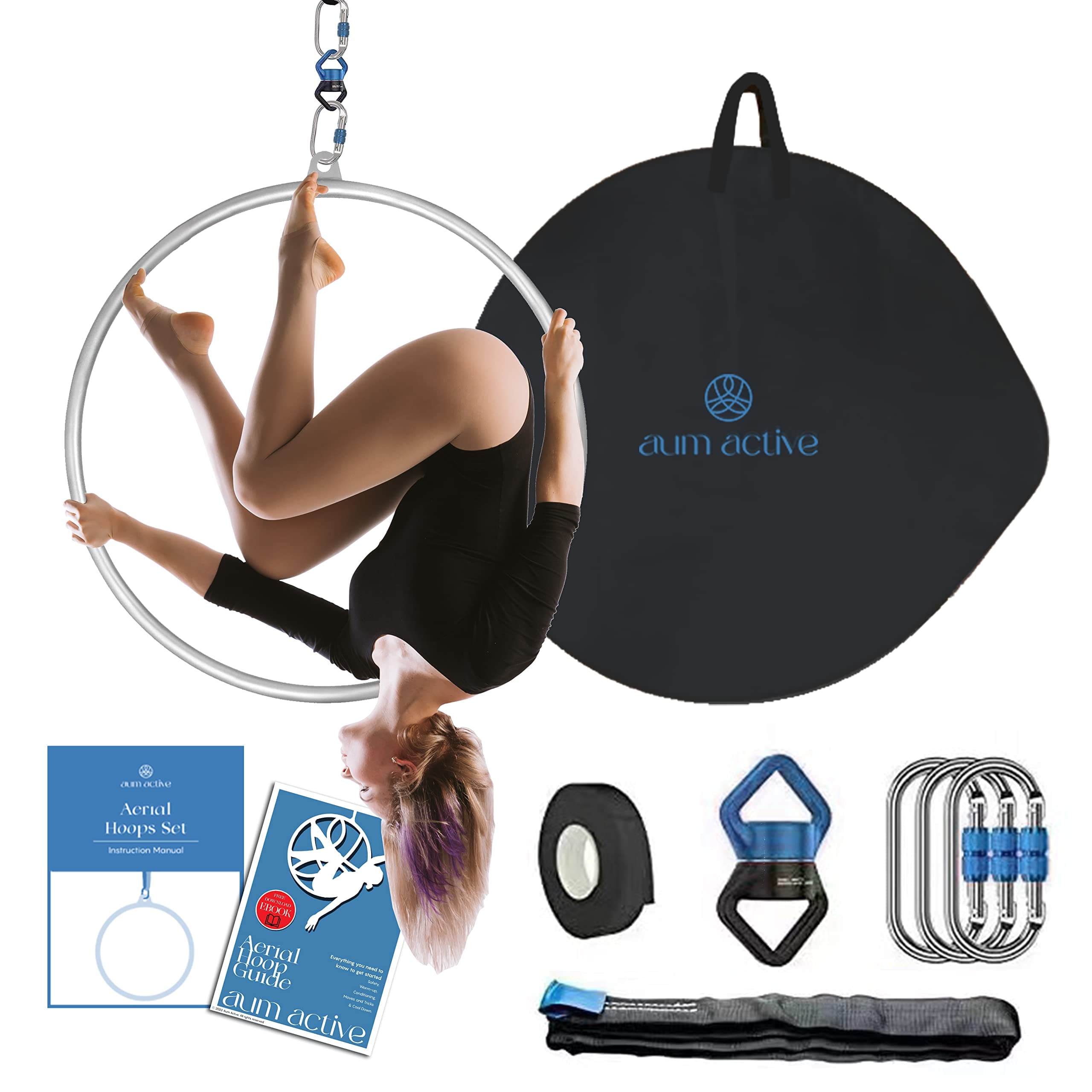 Aerial Hoop 90cm/95cm Single Point Lyra Hoop Set, Includes Storage Bag, Carabiners, Swivel, Strop, and Tape for Beginners, Home Practice, and Circus Ring