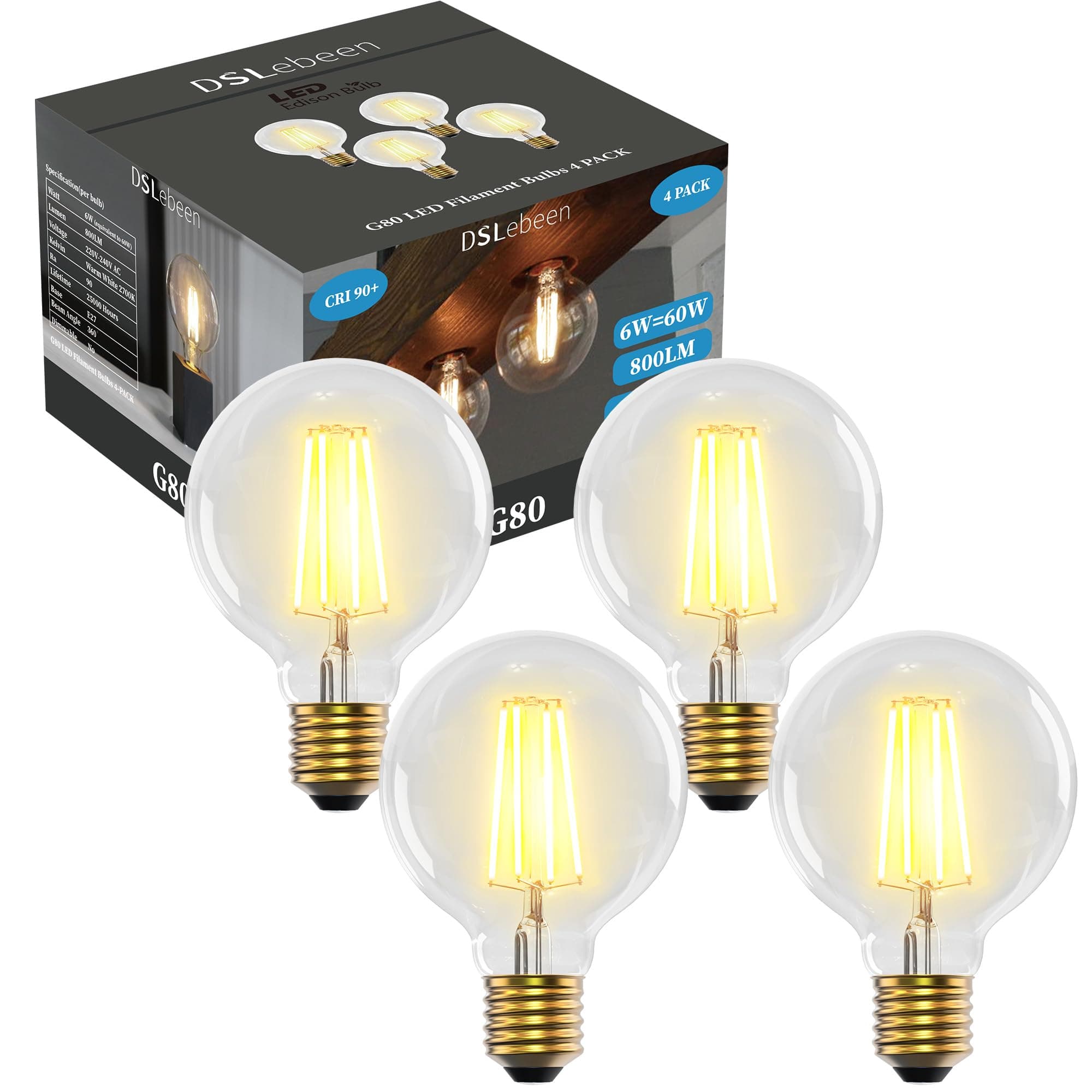 E27 LED Light Bulbs 6W (60W Incandescent Equivalent) G80 Edison Screw Bulb 800lm Decorative Vintage Filament Lighting Clear Globe Glass CRI 90+ Warm White 2700K Non-Dimmable 4 Pack