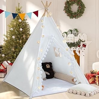 Teepee Tent for Kids with Padded Mat Cotton Canvas Kids Teepee with Pompom for Toddlers Indoor Play Tent for Girls Boys with Stars Lights, Carry Bag, Banner Flag (Snowman)