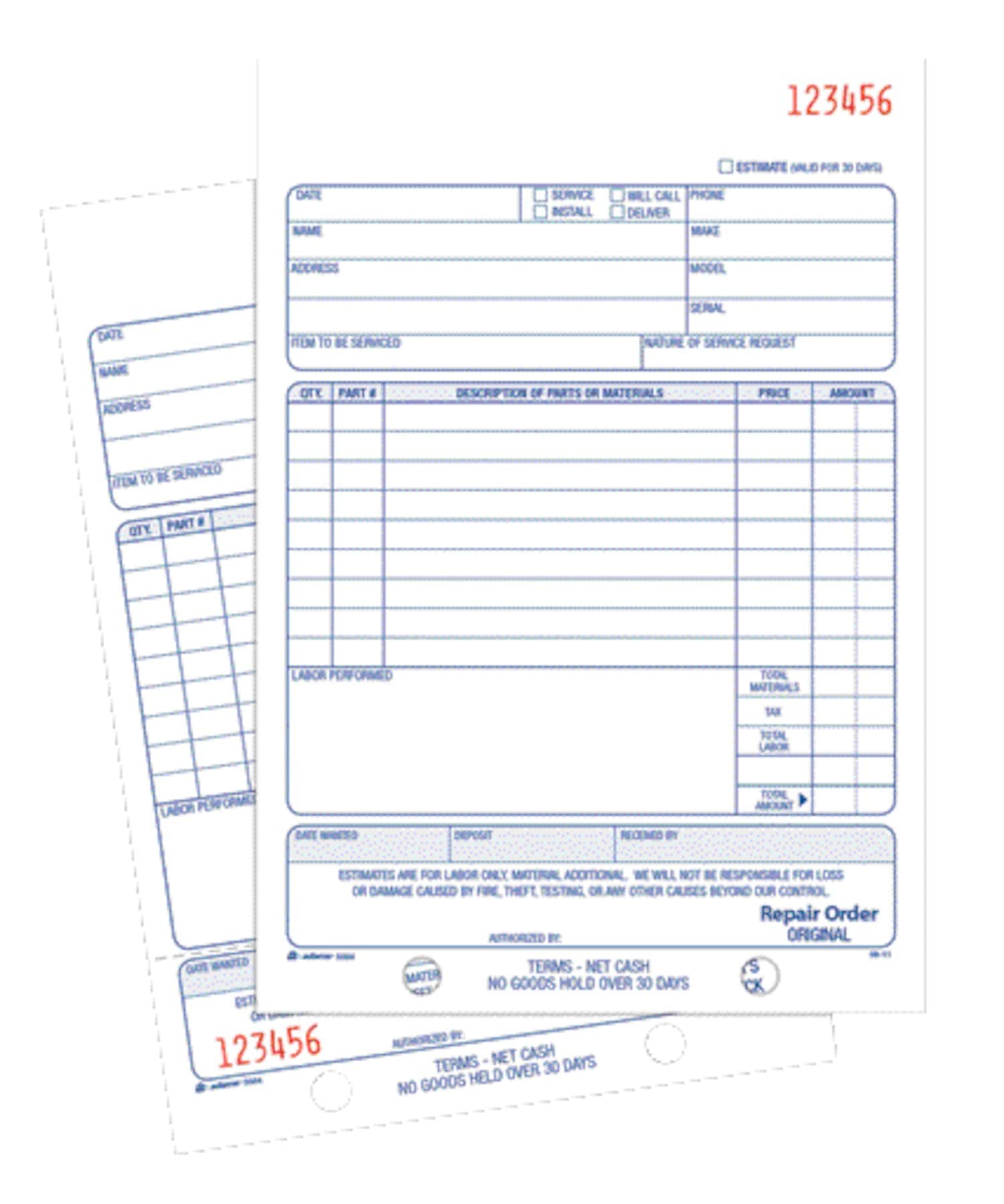 Adams Repair Order Book, Carbonless, 2-Part, White/White, 5-9/16 x 8-7/16 Inches, 50 Sets (D5084)