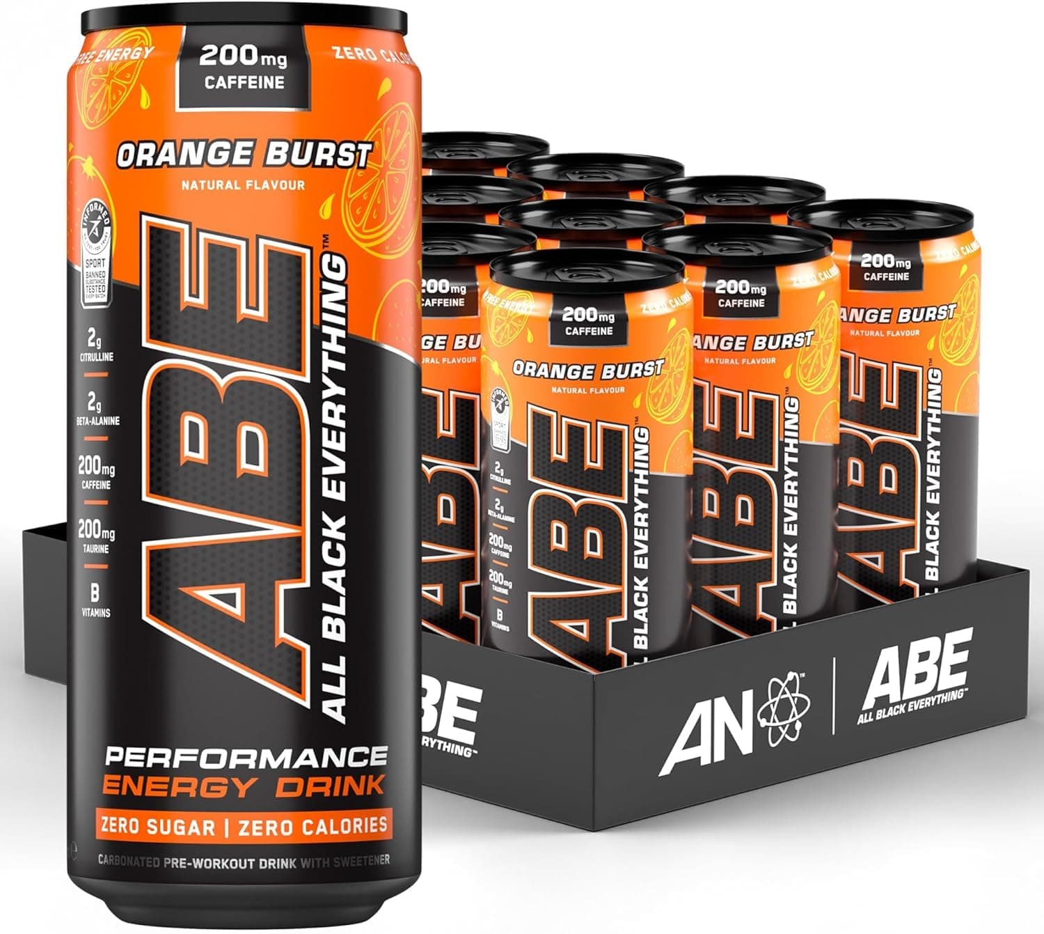All Black Everything Sugar Free Energy Drink | Orange Burst | 0 Calories | 12 Pack | 200mg Natural Caffeine | Pre-Workout Sport Drink for Men and Women