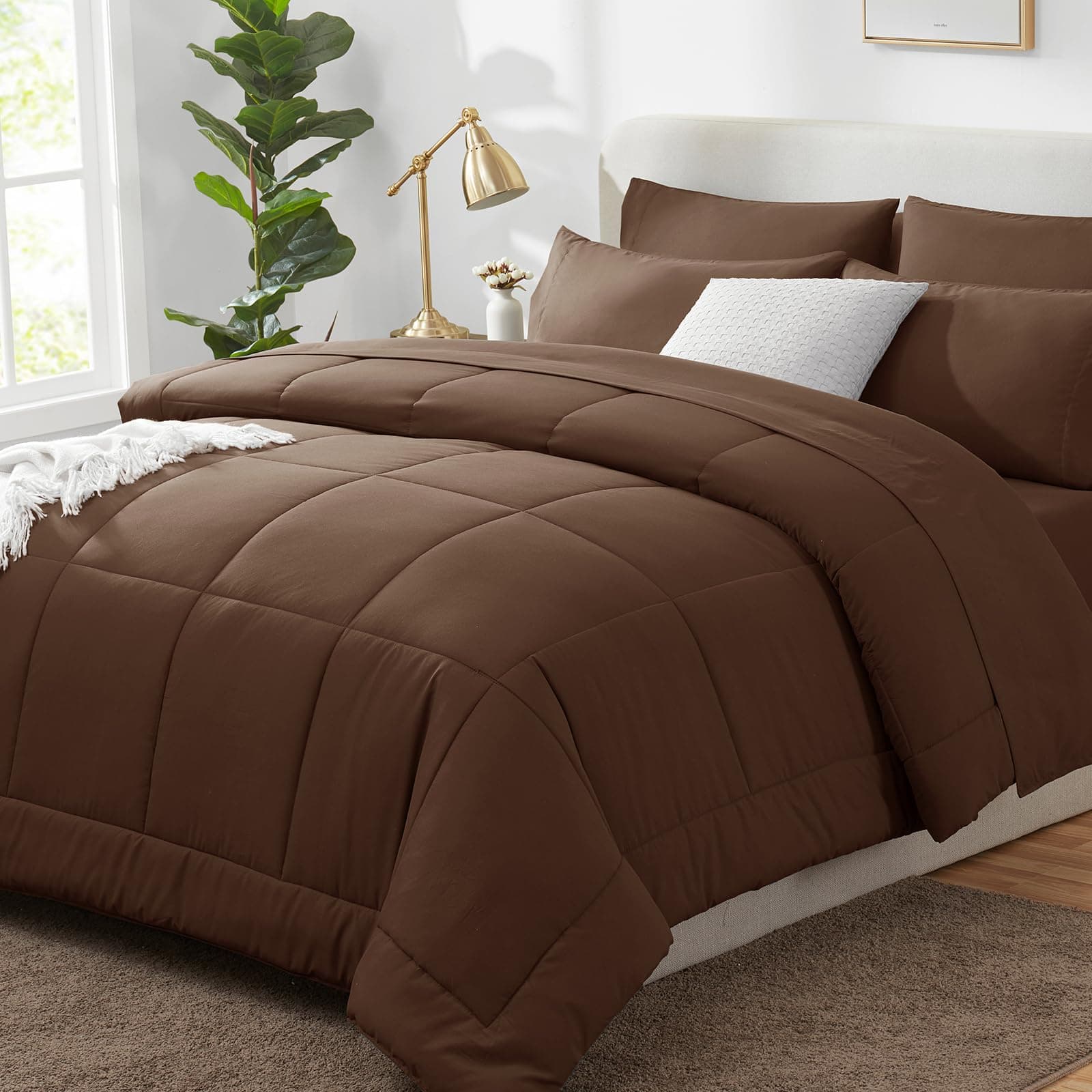 CozyLux King Size Comforter Set Brown, 7 Pieces Bed in a Bag, Brown Comforter King Size, All Season Bedding Sets with Stitch Quilted Comforter, Flat Sheet, Fitted Sheet, Pillowcases