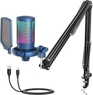 USB Gaming Streaming Recording PC Microphone Kit, RGB Condenser Computer Mic Bundle for Podcasts, Audio, Vocal, Video on Mac/Desktop/Laptop, with Boom Arm Stand-A6T Blue
