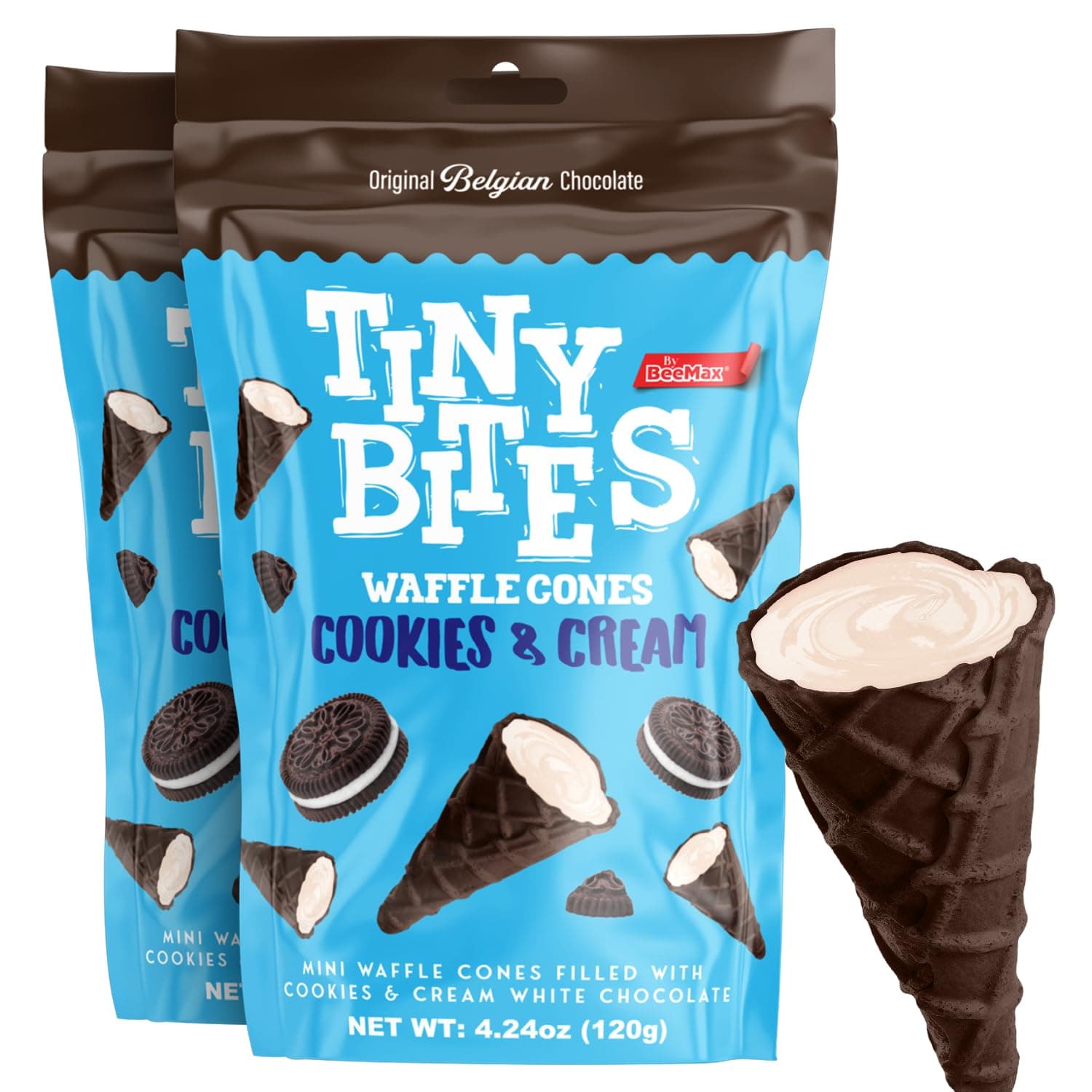 BeeMax Tiny Bites Cookies & Cream Mini Waffle Cones - 4.24oz Bag (Pack of 2) - Perfect Blend of Crispy Golden Waffle Cones & Belgian Chocolate Bliss - Bite-Size Snack for Dessert or Ice Cream Toppings