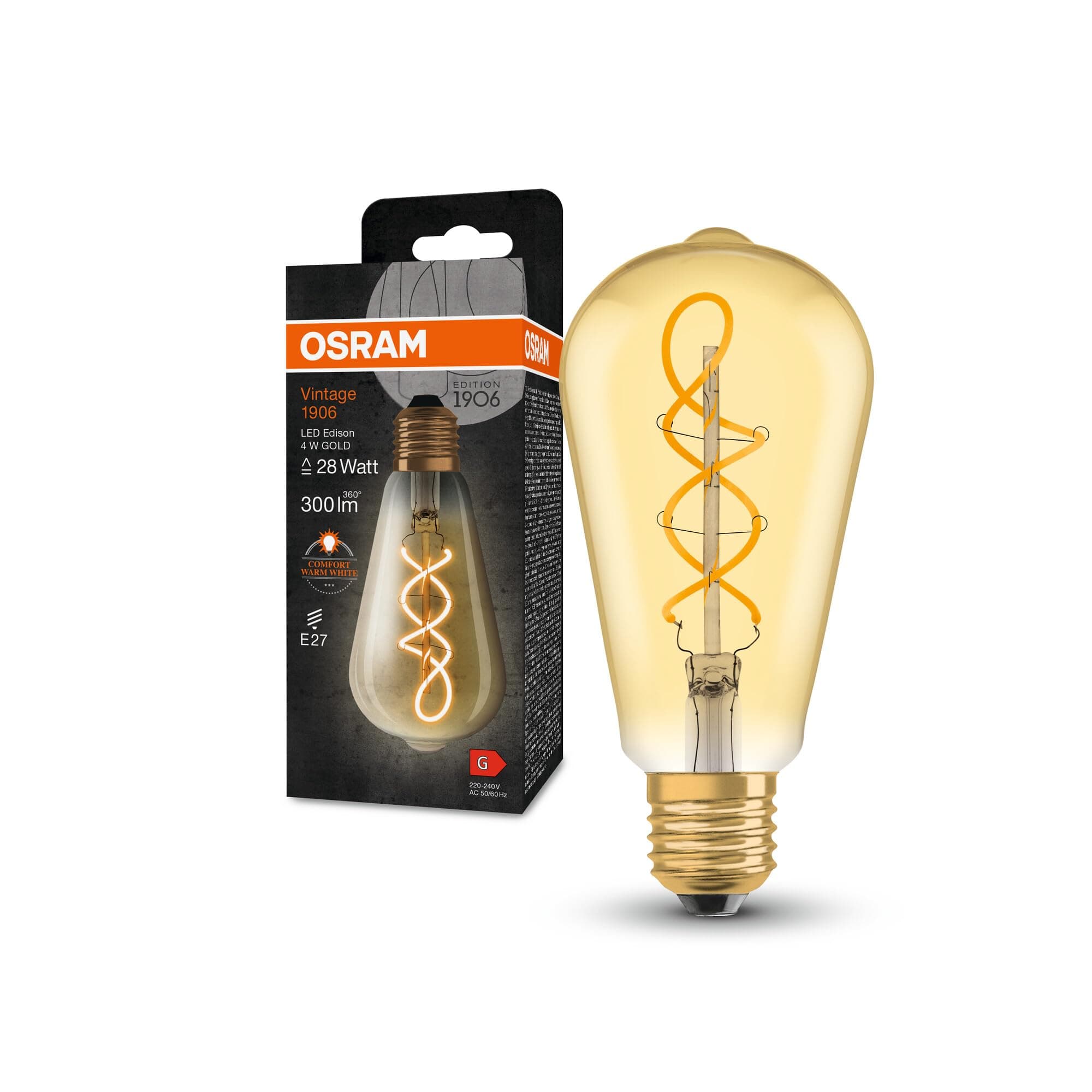 OSRAM Vintage 1906 Classic Edison Fil Led Lamp, E27, Spherical, Gold, 4W, 300Lm, 2000K, Warm White Comfort Light Color, Very Low Energy Consumption, Long Life